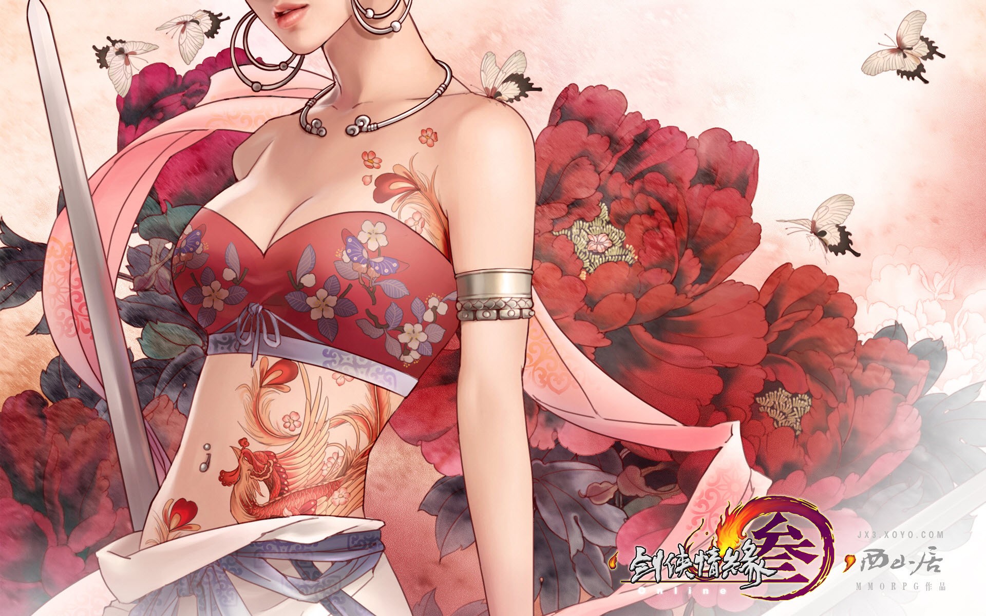 General 1920x1200 video games women tattoo sword boobs cleavage bra inked girls women with swords red lipstick fantasy art fantasy girl pierced navel belly video game art butterfly animals insect weapon hoop earrings earring video game girls