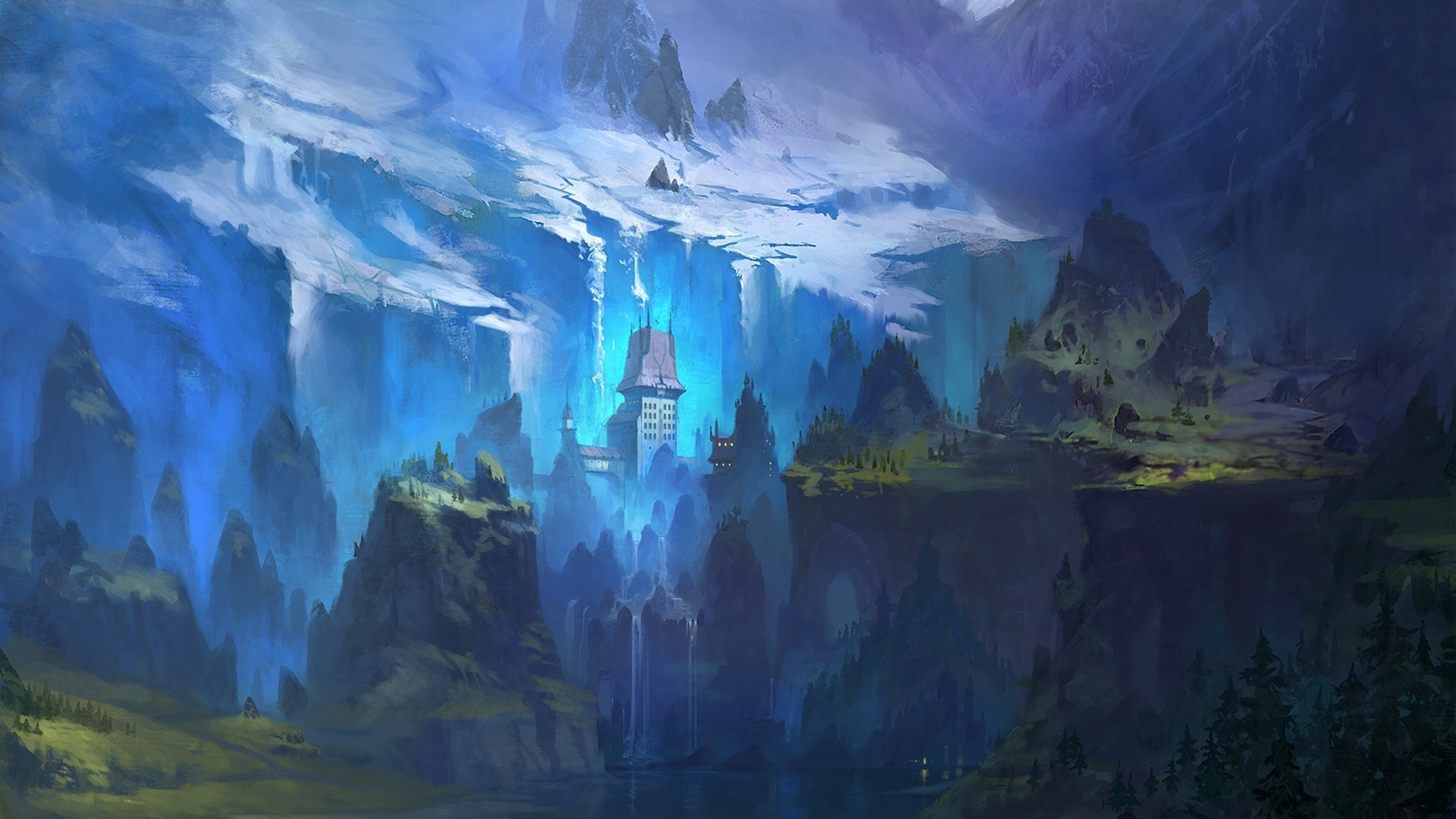 General 1920x1080 fantasy art landscape castle blue cliff mountains cyan
