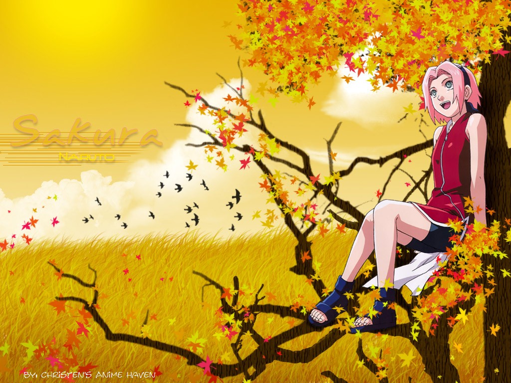 Anime 1024x768 Haruno Sakura fall anime anime girls trees pink hair open mouth Sun birds