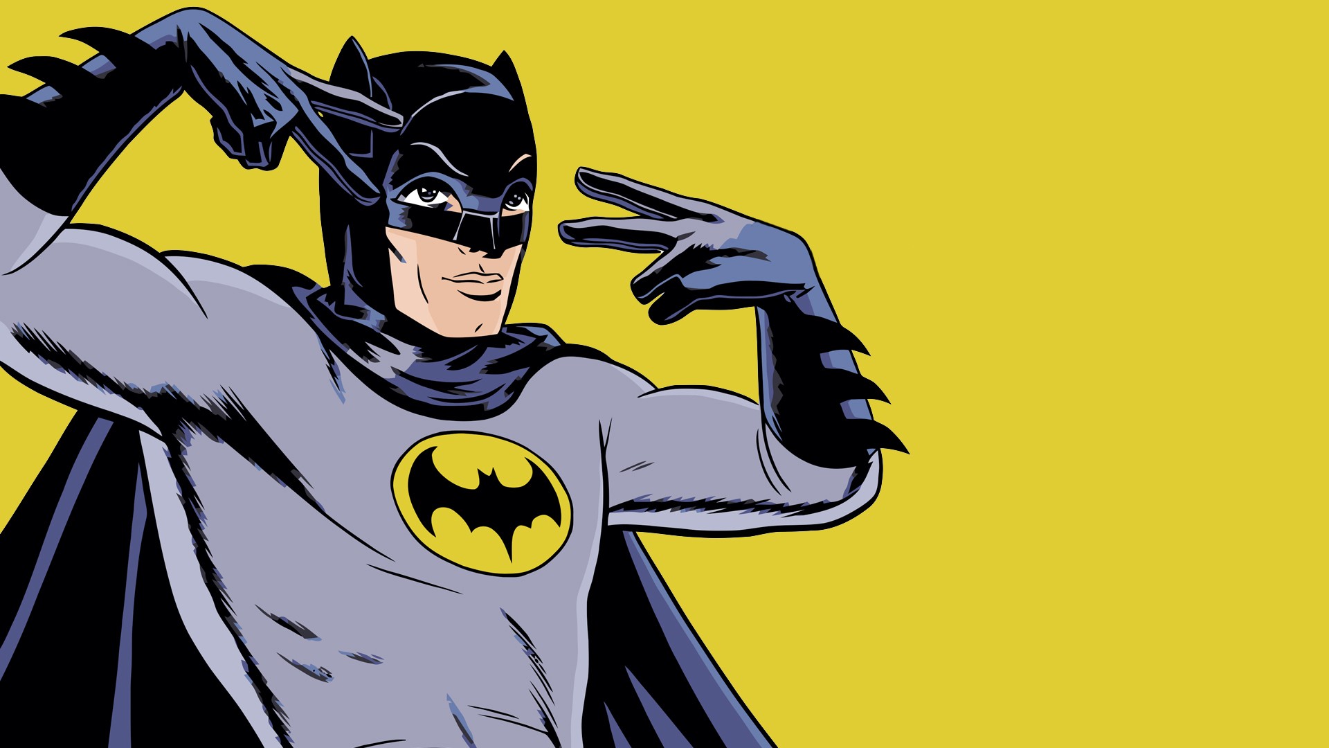 General 1920x1080 comics Batman Bruce Wayne digital art simple background cape yellow background smiling peace sign gloves Batman logo face mask