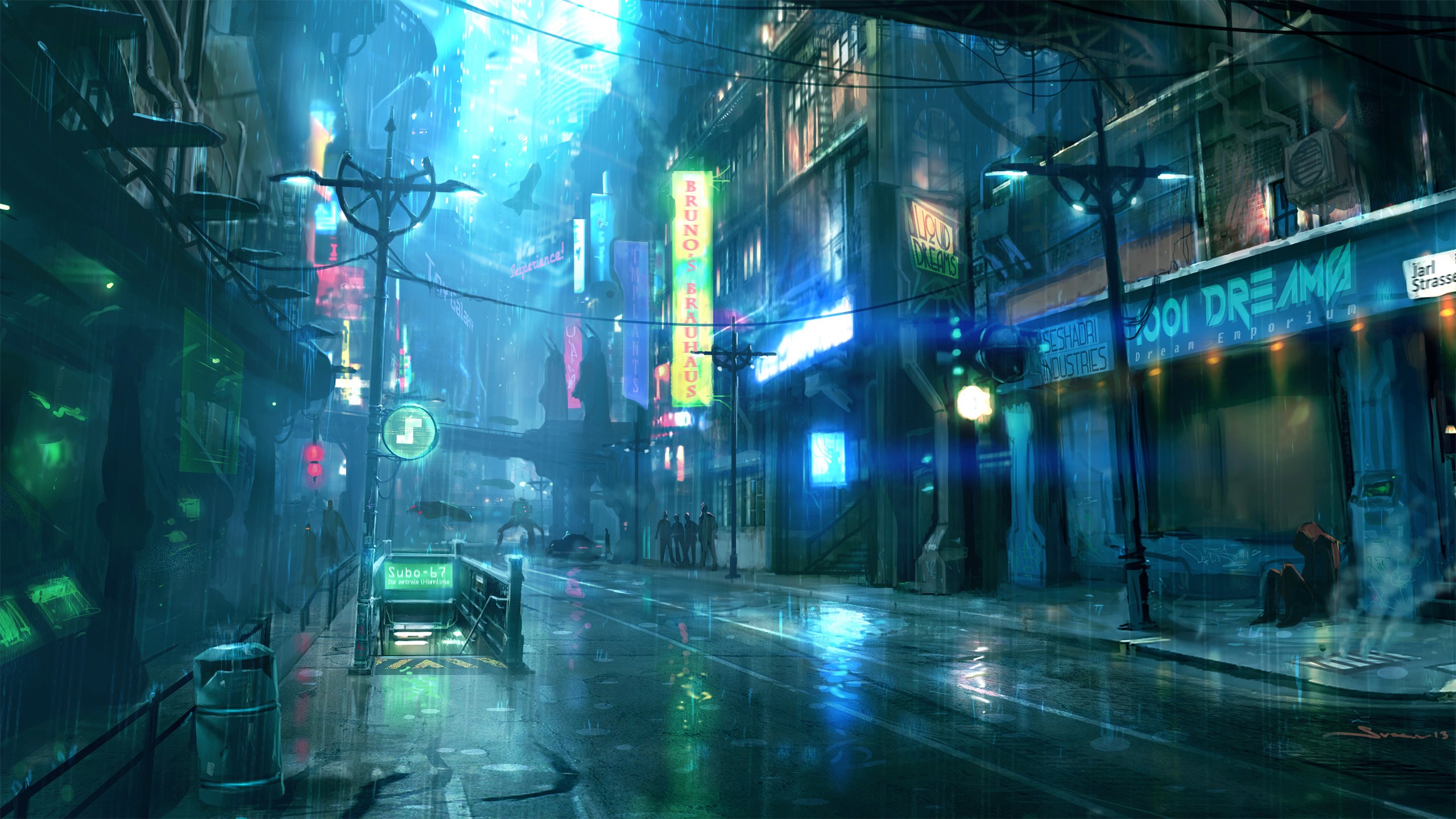 General 2560x1440 rain cyberpunk artwork night street Dreamfall Chapters science fiction neon digital art cityscape futuristic city cyan