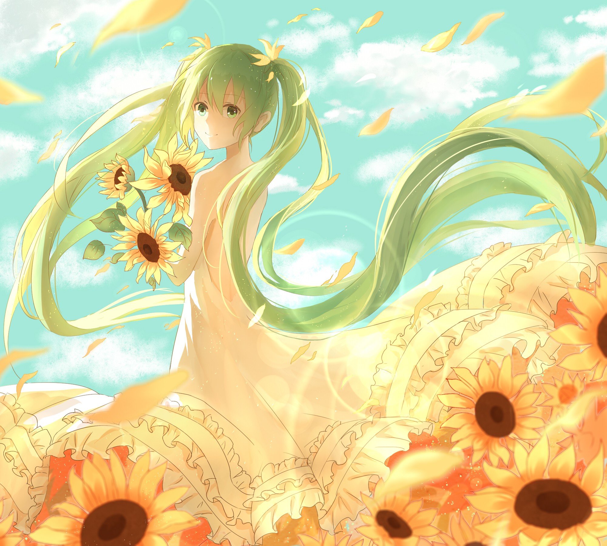 Anime 2000x1800 anime girls anime flowers plants yellow flowers sunflowers long hair green hair looking at viewer