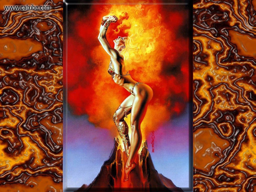 General 1024x768 fantasy art Boris Vallejo fantasy girl fiery hair volcano legs belly closed eyes arms up
