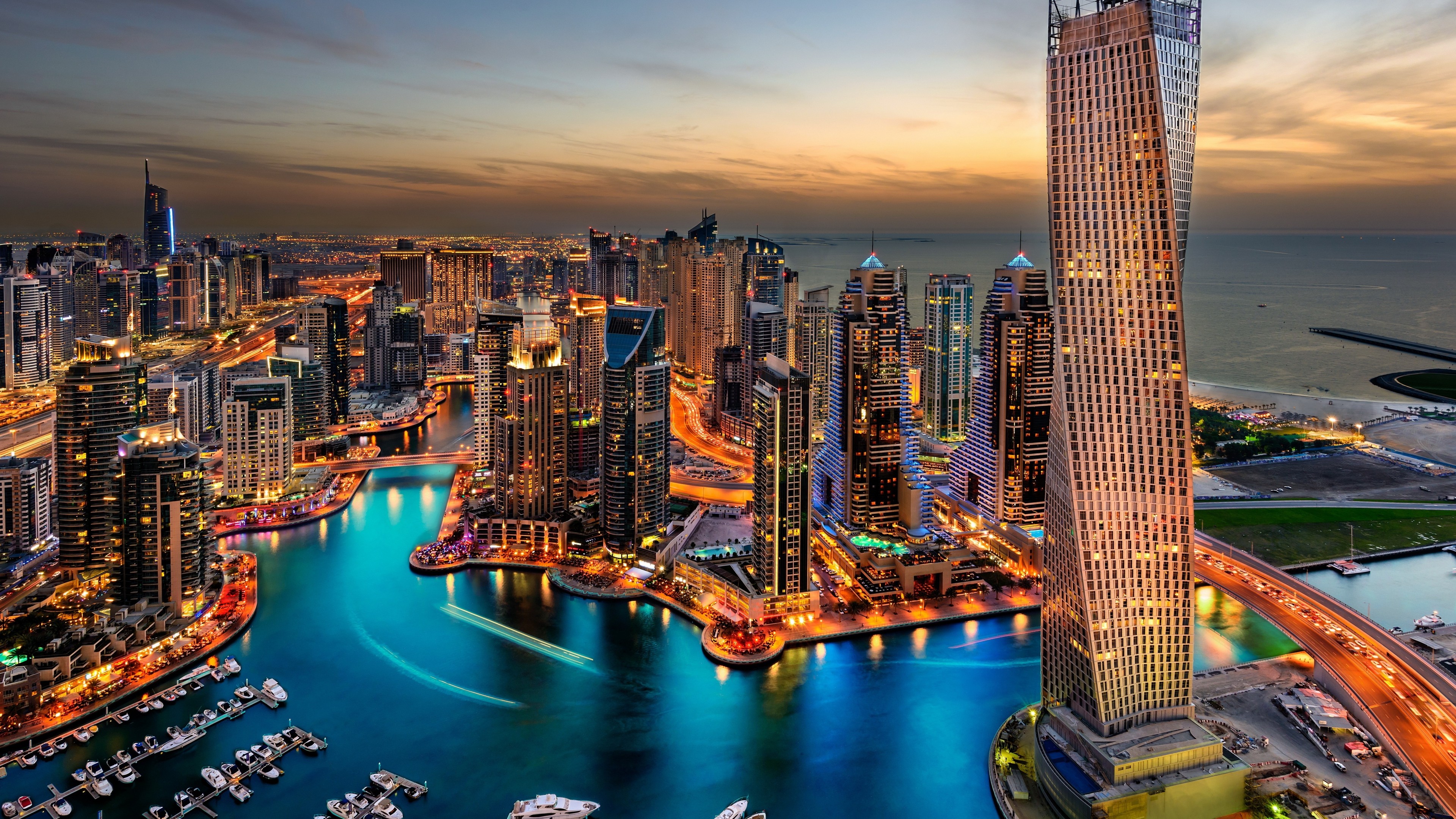 General 3840x2160 Dubai cityscape dusk city lights ports skyscraper water sky lights United Arab Emirates