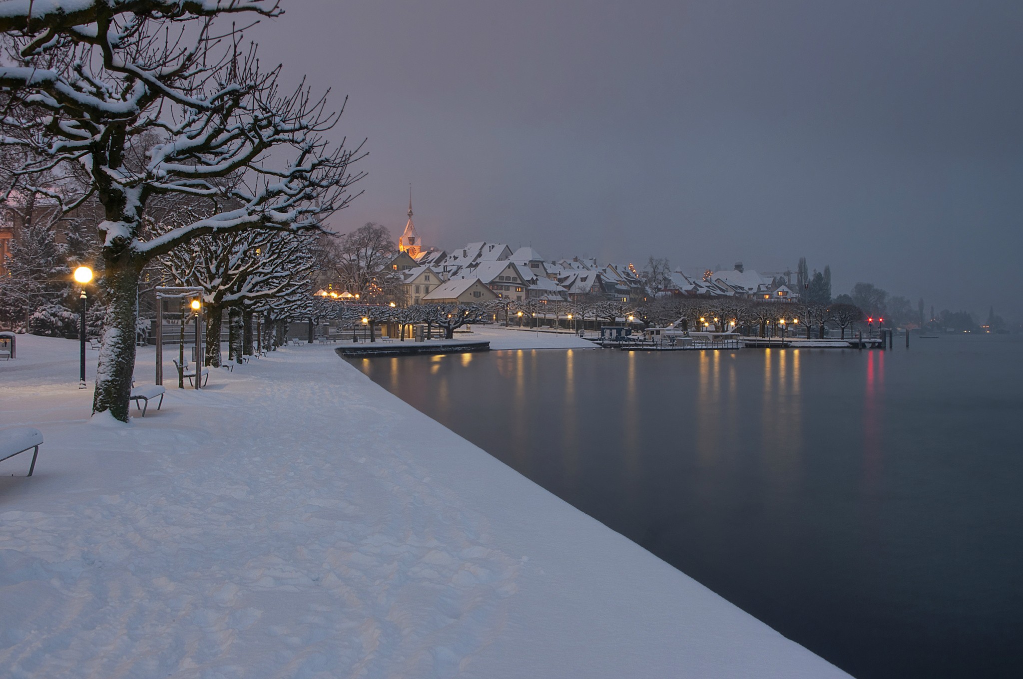 General 2048x1360 winter town city lights riverside calm idyllic cold outdoors