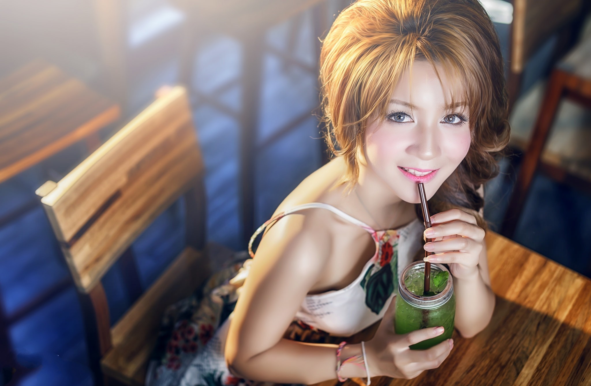 People 2048x1339 drinking glass women model Asian looking at viewer drinking straw brunette