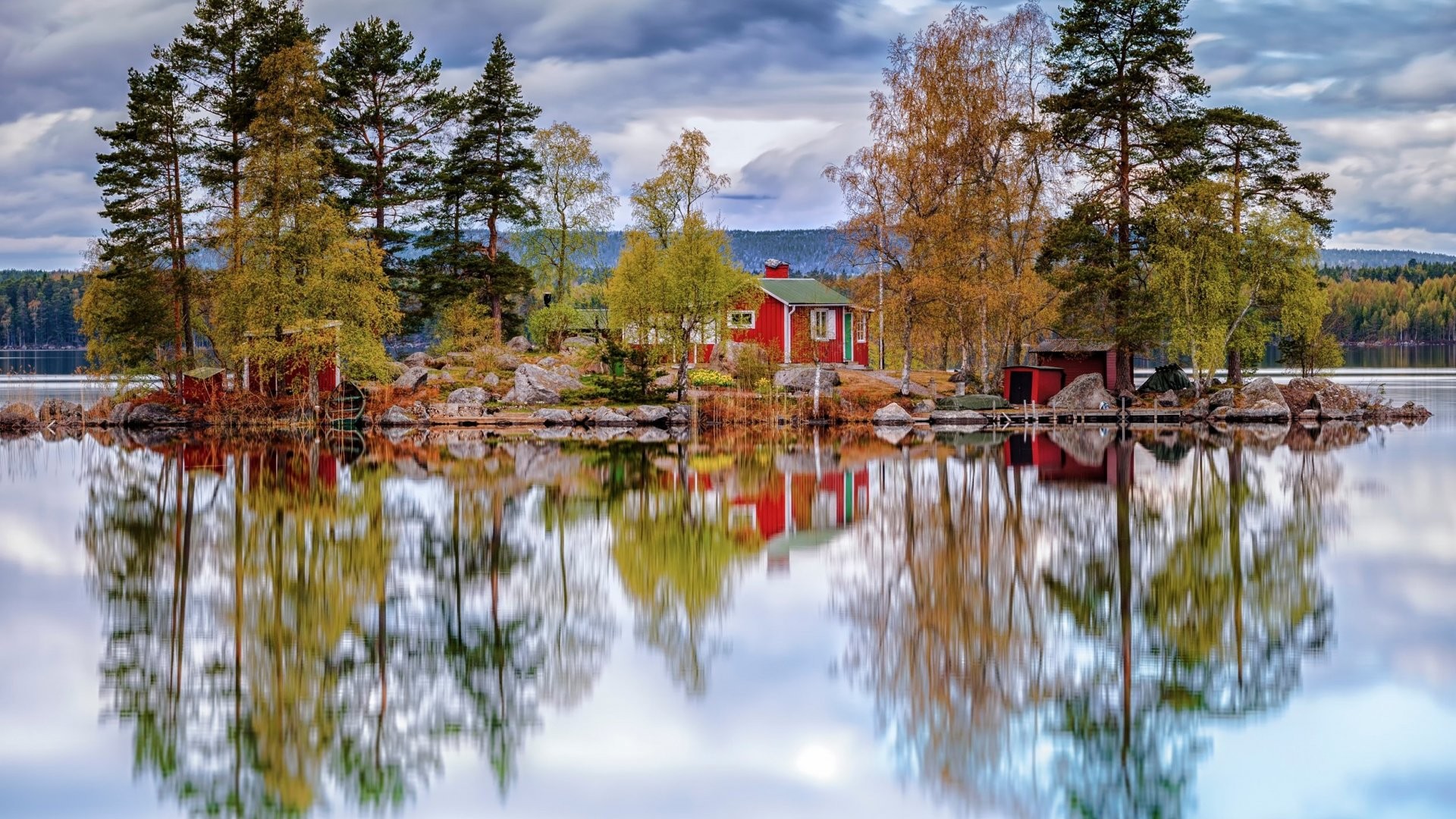 General 1920x1080 nature island landscape nordic landscapes cabin trees lake reflection water plants calm outdoors cropped