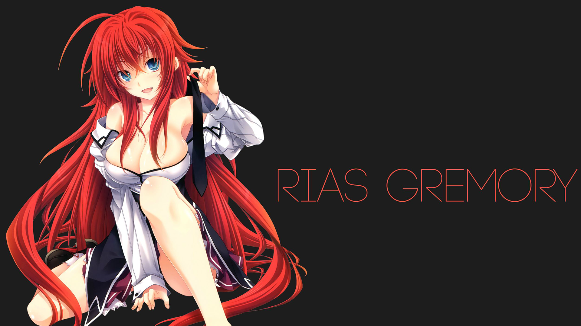 Anime 1920x1080 anime anime girls Gremory Rias High School DxD redhead blue eyes ahoge boobs big boobs long hair looking at viewer black background simple background typography sitting