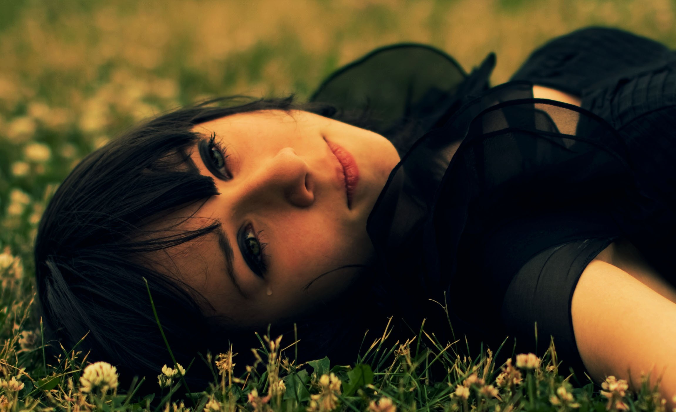People 2302x1406 face eyes women lying down black hair smoky eyes crying tears sadness women outdoors sad makeup model closeup on the ground outdoors