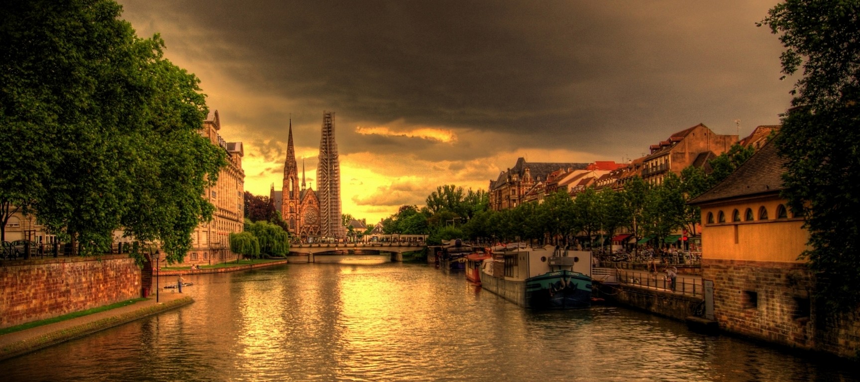 General 1728x768 river HDR city trees clouds architecture France building church bridge urban sunlight Strasbourg boat