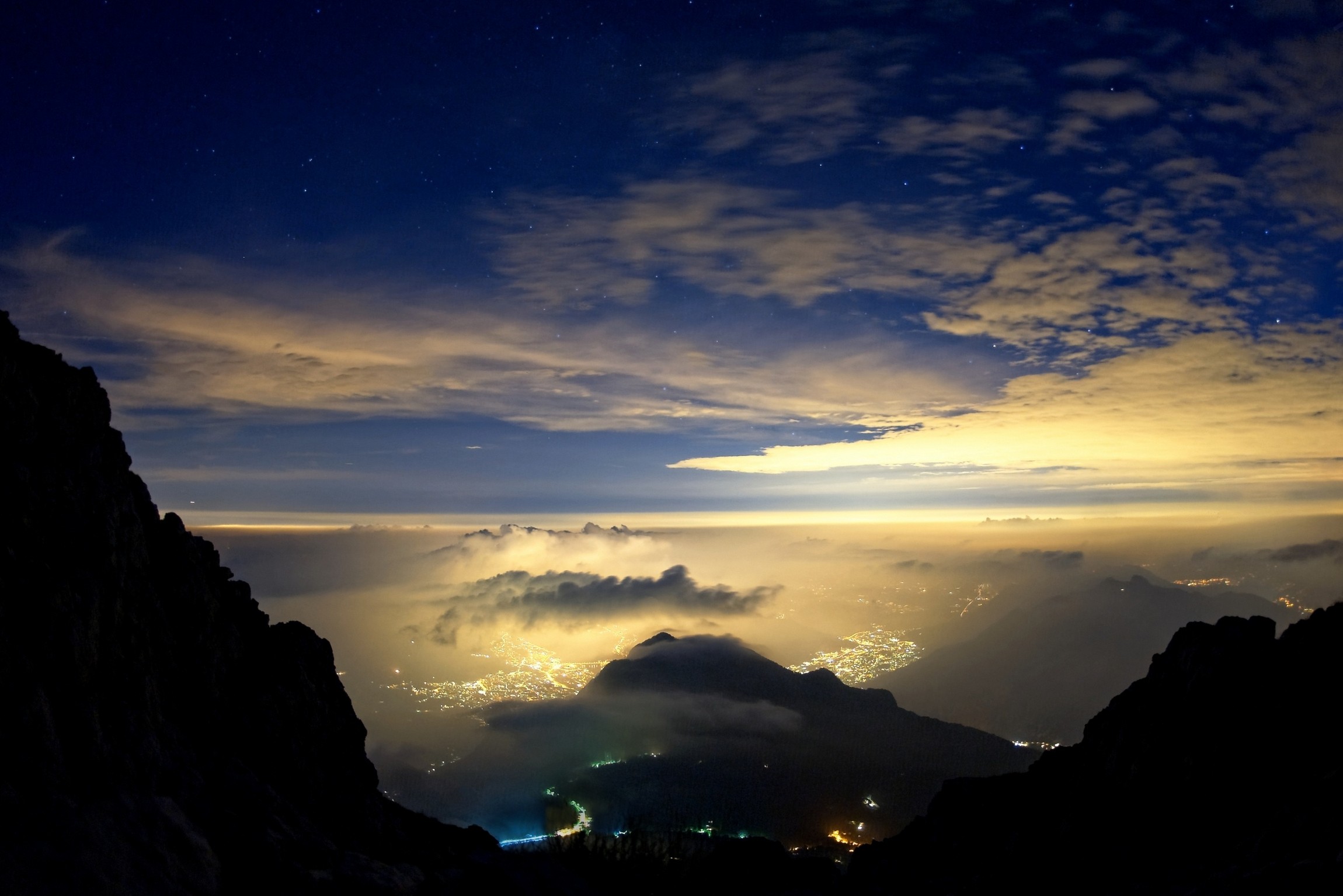 General 2300x1534 landscape nature mist valley evening stars sky clouds city lights mountains Italy