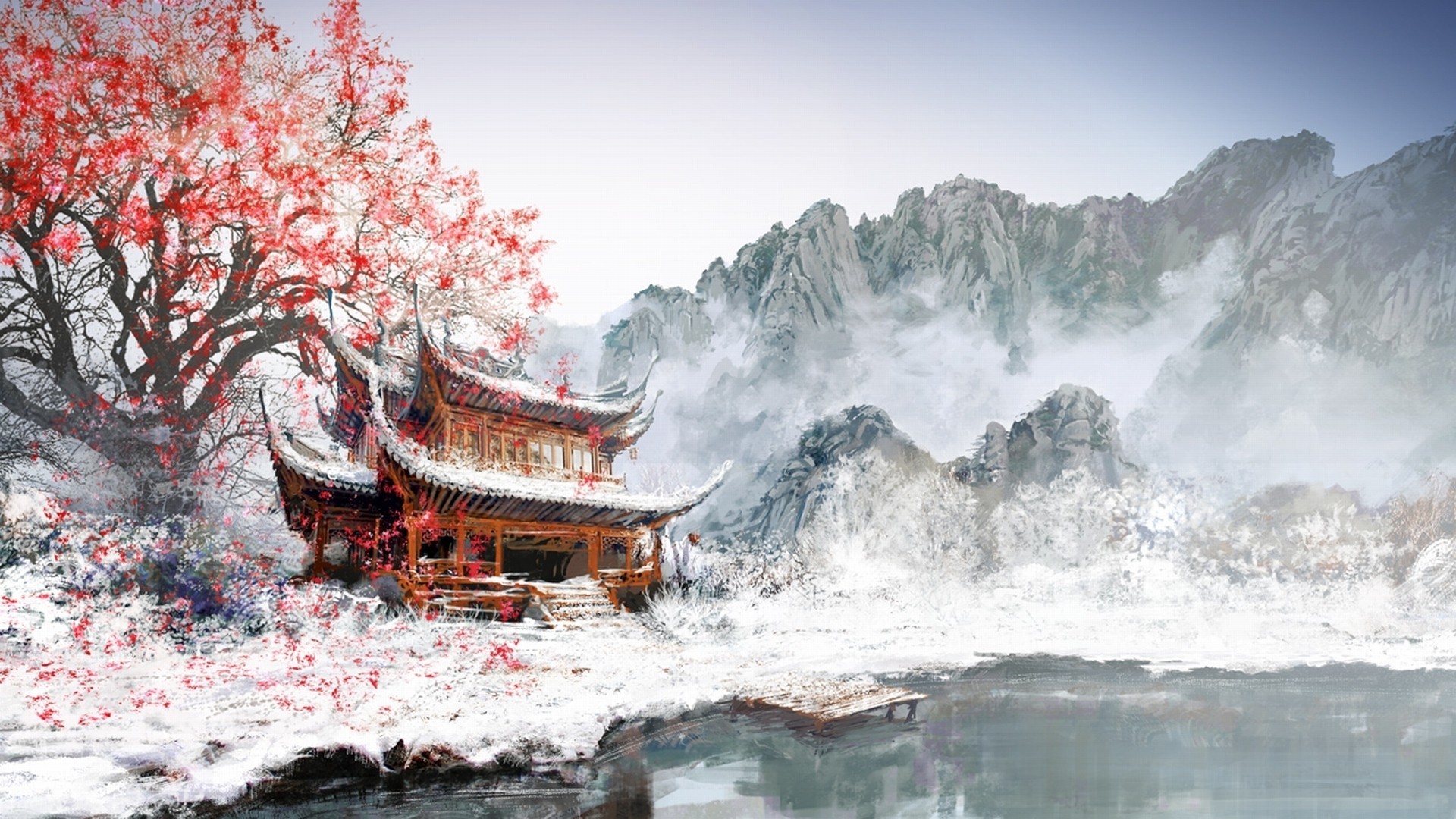 General 1920x1080 painting Japan winter white snow mountains cherry blossom fantasy art ice cold Asia nature