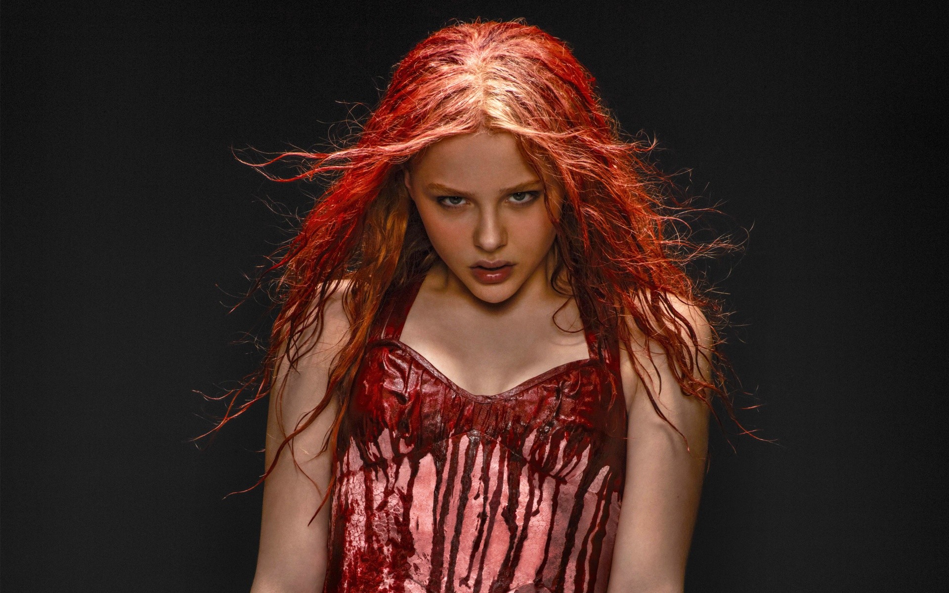 People 1920x1200 Chloë Grace Moretz women actress redhead dyed hair wet hair horror Carrie (Movies) blood long hair red lipstick black background American women simple background