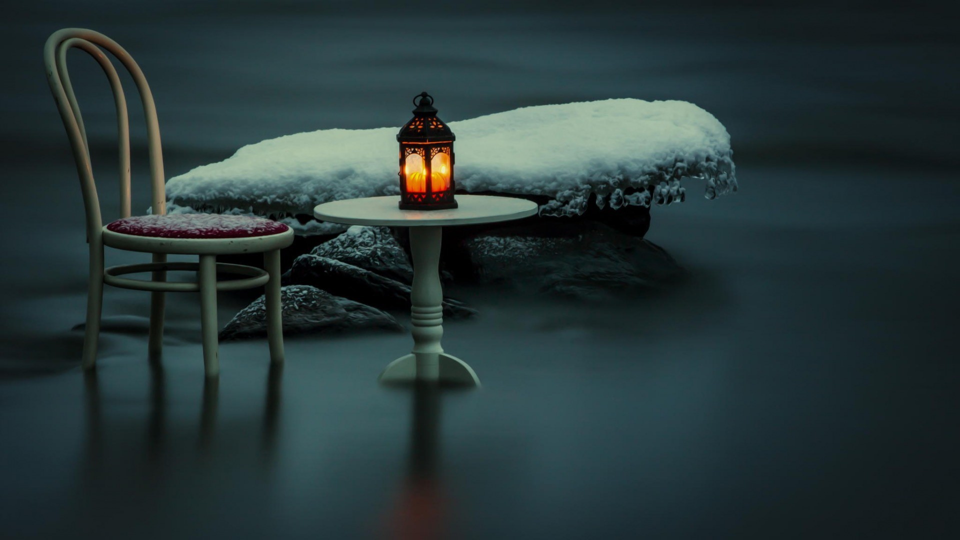 General 1920x1080 photography artwork nature water snow winter rocks stones table chair ice icicle lantern lamp blurred reflection long exposure candles