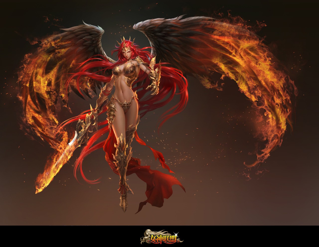 General 1280x991 fantasy girl sword redhead fantasy art boobs belly legs fire burning wings long hair weapon women with swords