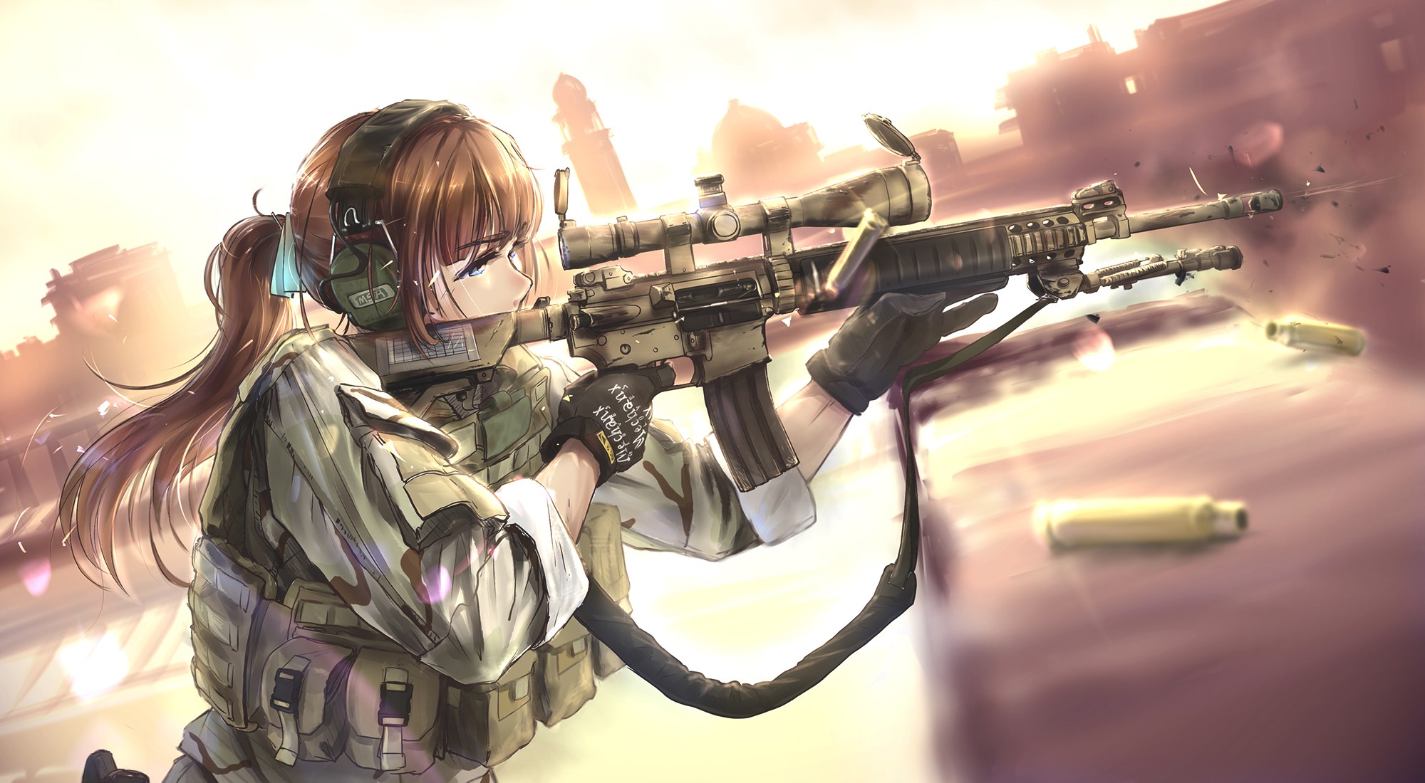 Anime 2000x1100 TC1995 military anime girls brunette rifles anime aiming weapon girls with guns long hair soldier AR-15