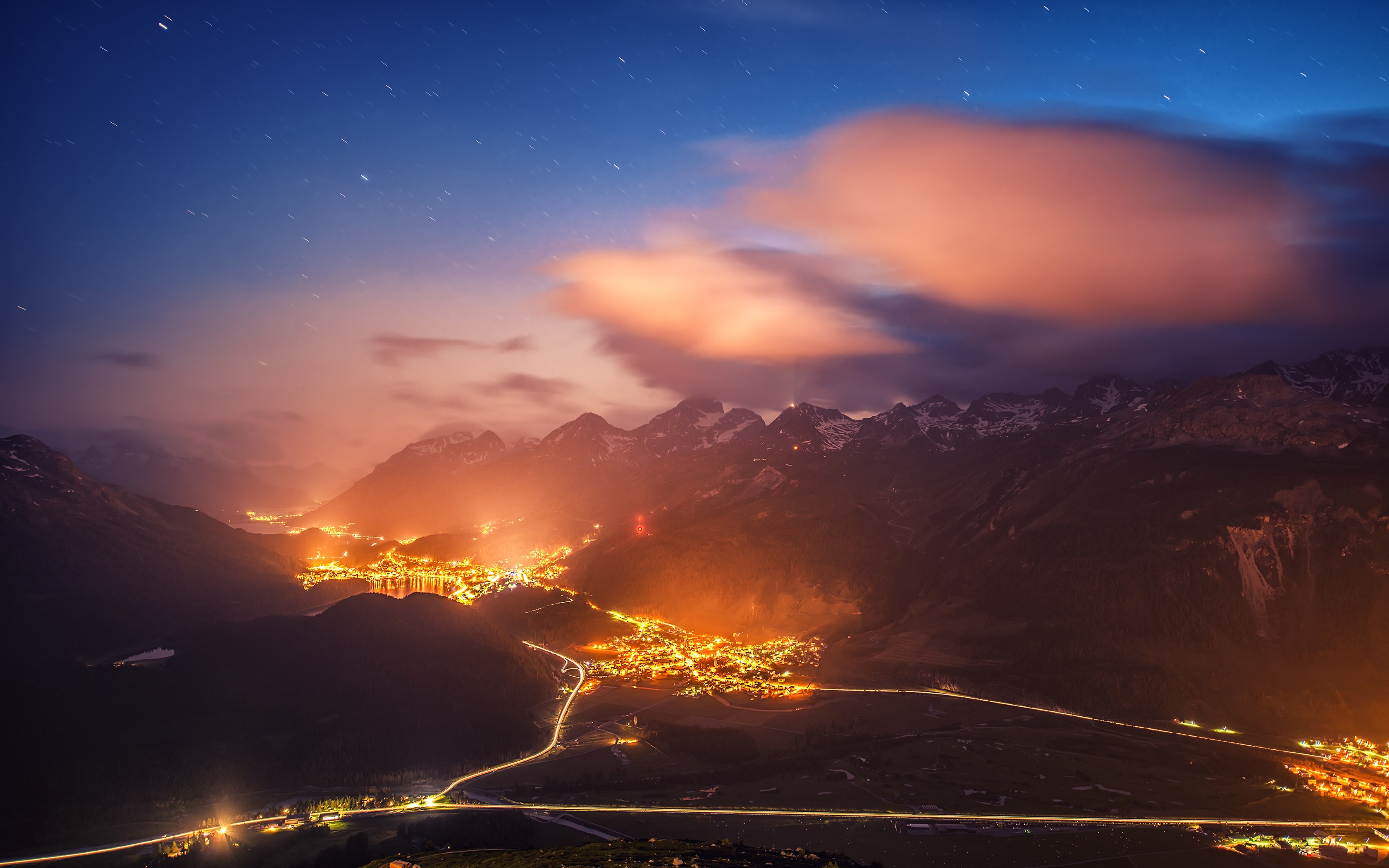 General 3360x2100 nature landscape starry night lights mountains cityscape road Switzerland valley evening mist low light