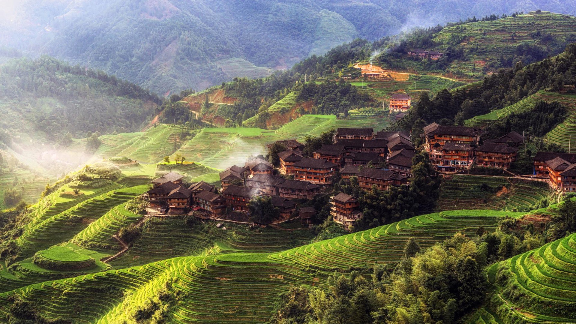 General 1920x1080 China mountains house trees town village nature landscape Asia rice fields morning mist hills forest terraced field Agro (Plants)