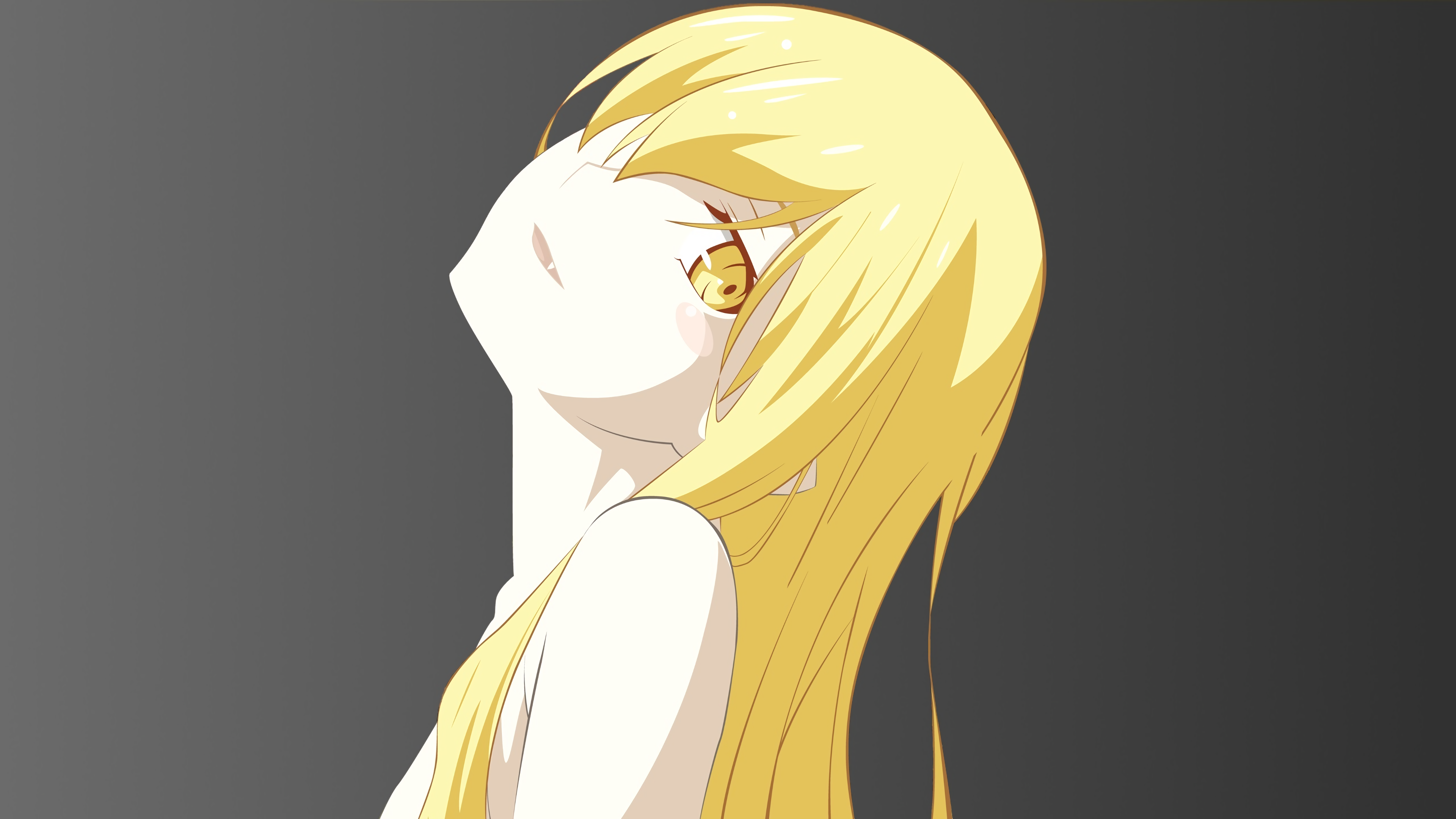 Anime 3840x2160 anime anime girls Oshino Shinobu long hair blonde vector art Monogatari Series head tilt yellow eyes portrait face hair over one eye gray background simple background