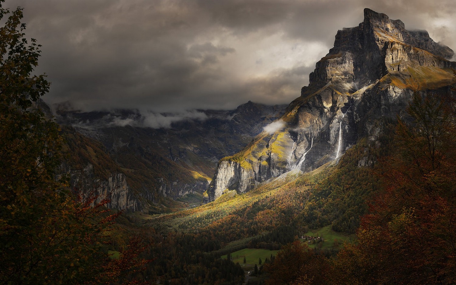 General 1500x938 nature landscape mountains fall forest France Alps waterfall clouds leaves daylight village