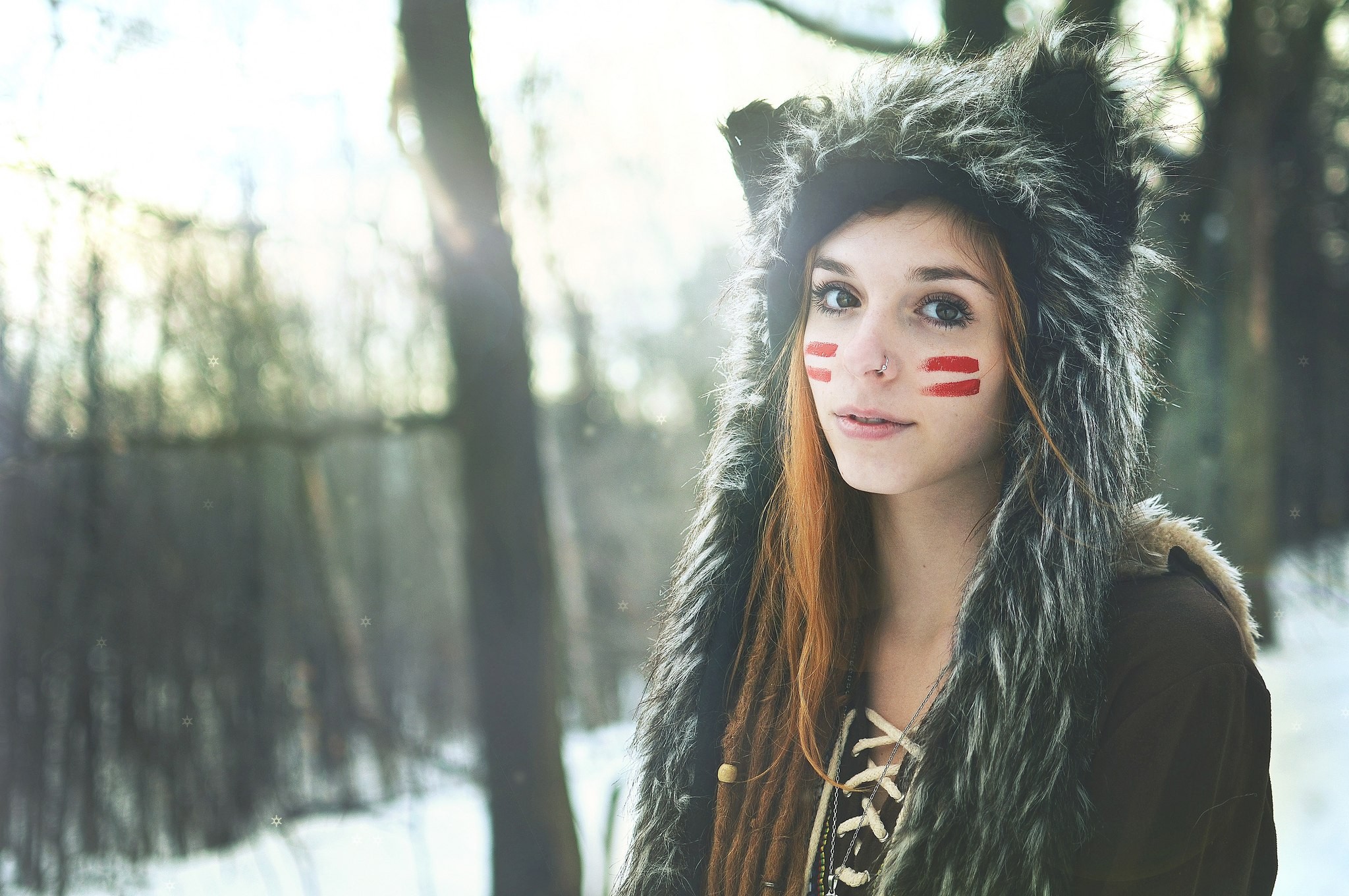 People 2048x1360 Suicide Girls women redhead nose ring hoods face paint Fennek Suicide women outdoors outdoors looking at viewer