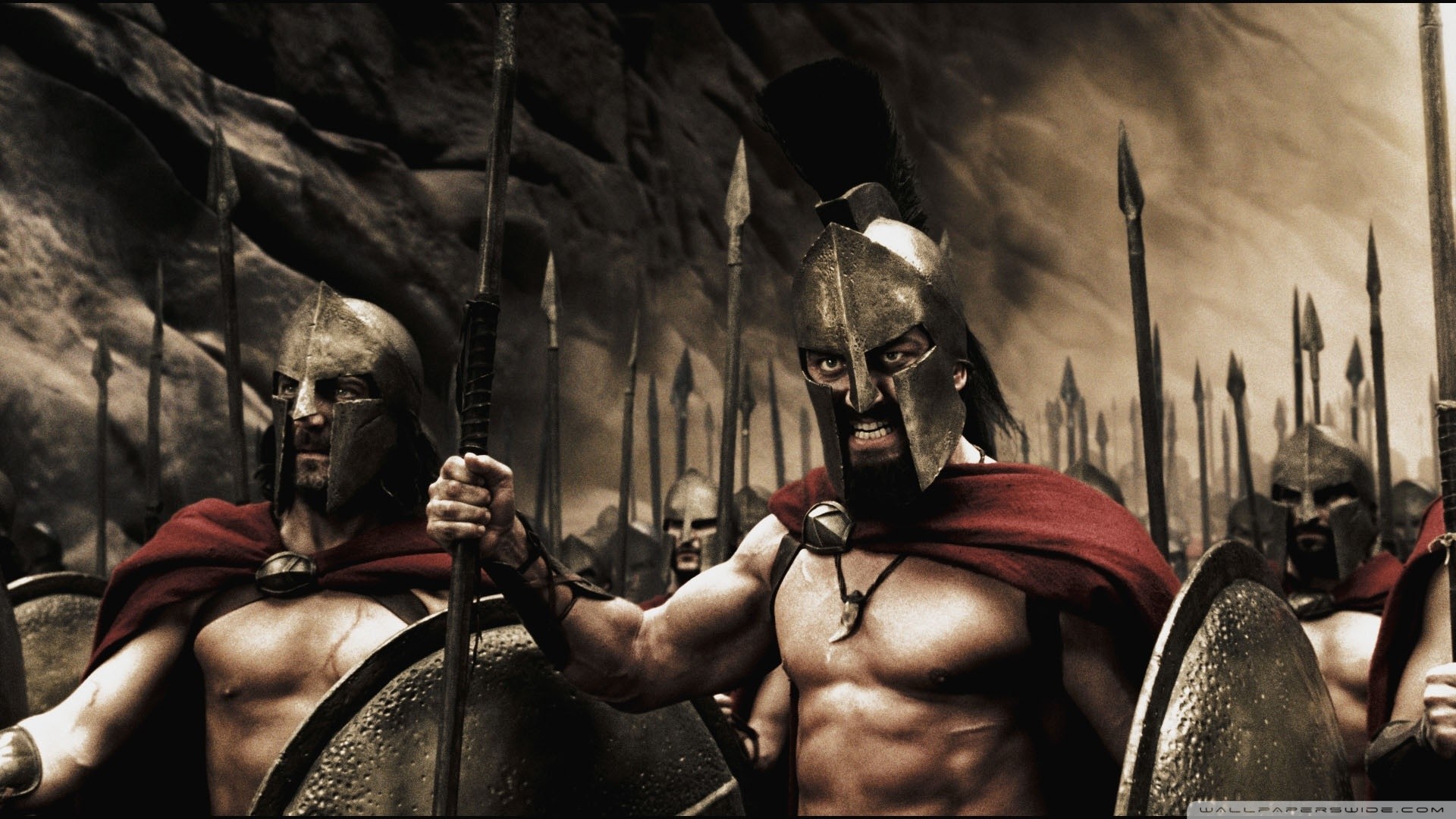 General 1920x1080 300 movies spear men Spartans shield helmet group of men angry face Gerald Butler film stills
