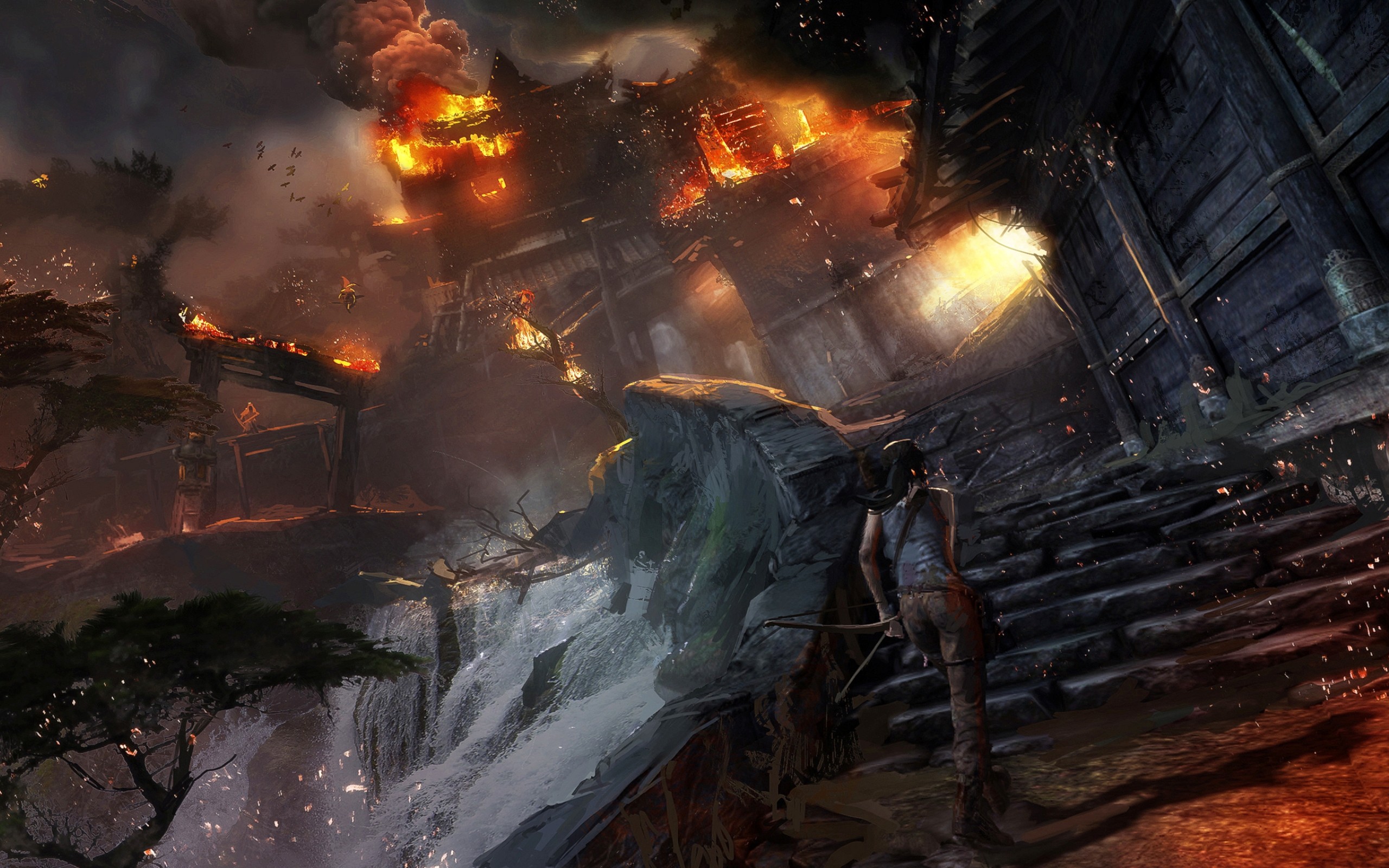 General 2560x1600 Tomb Raider video games artwork fire burning PC gaming video game art Lara Croft (Tomb Raider) video game girls