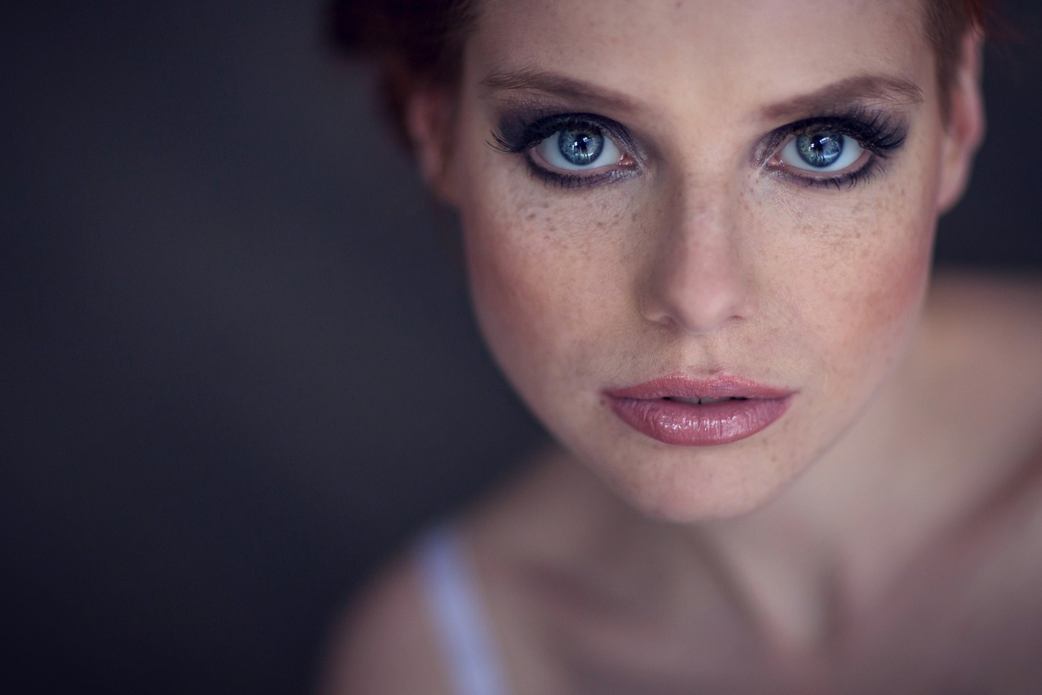 People 2048x1366 face women blue eyes redhead freckles closeup looking at viewer model makeup