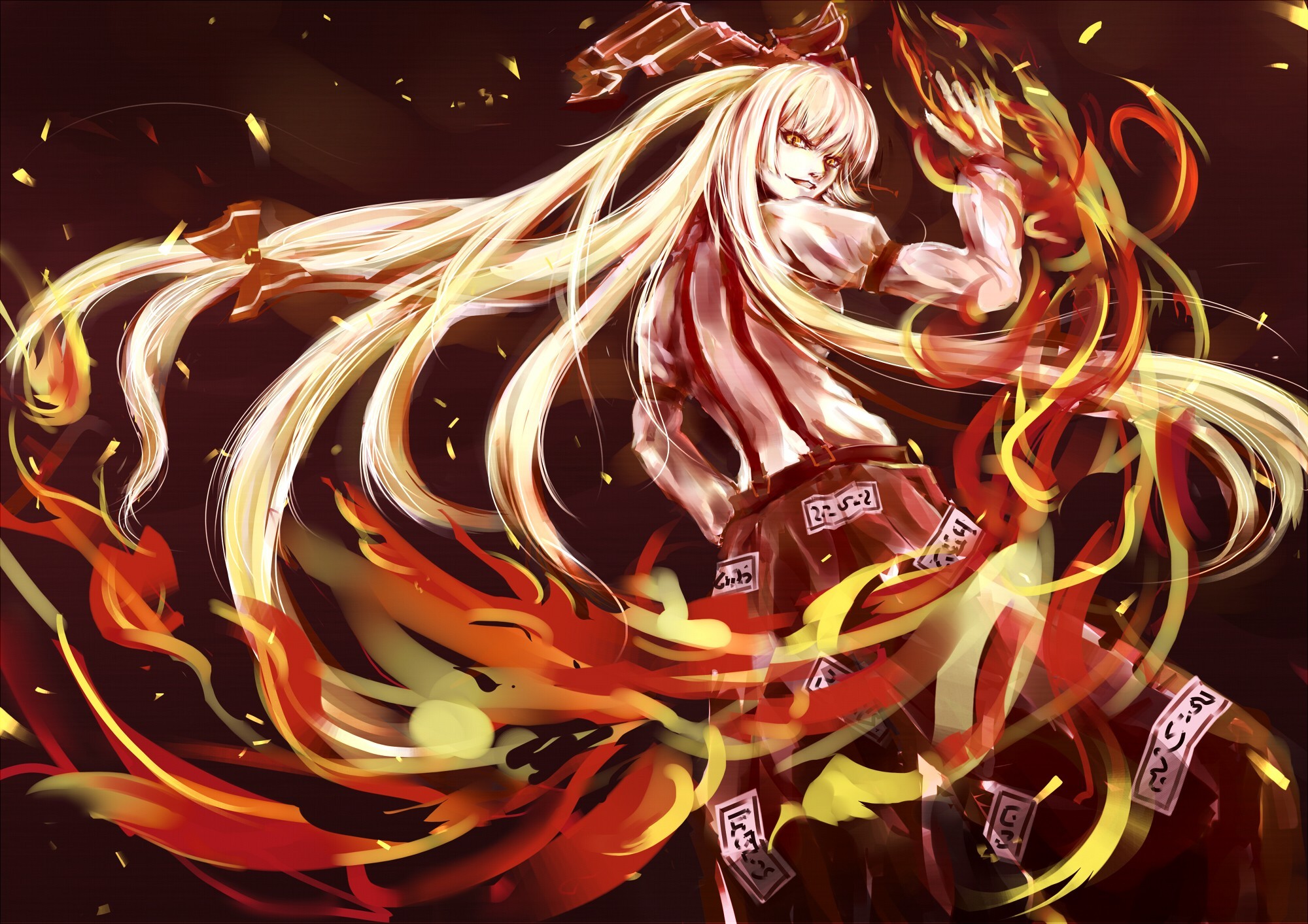 Anime 2000x1413 anime girls long hair anime looking back looking at viewer fantasy art fire blonde