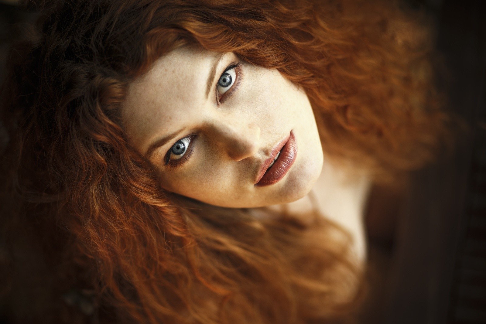 Women Redhead Blue Eyes Curly Hair Face Looking Up Model Looking At Viewer Long Hair 