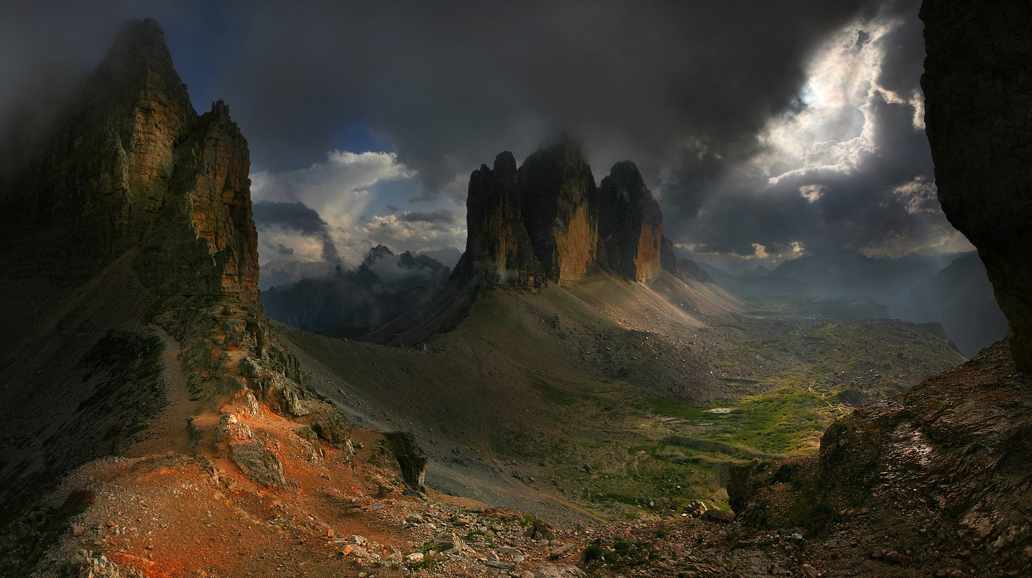 General 1500x840 nature landscape dark mountains Dolomites sun rays summer clouds sky