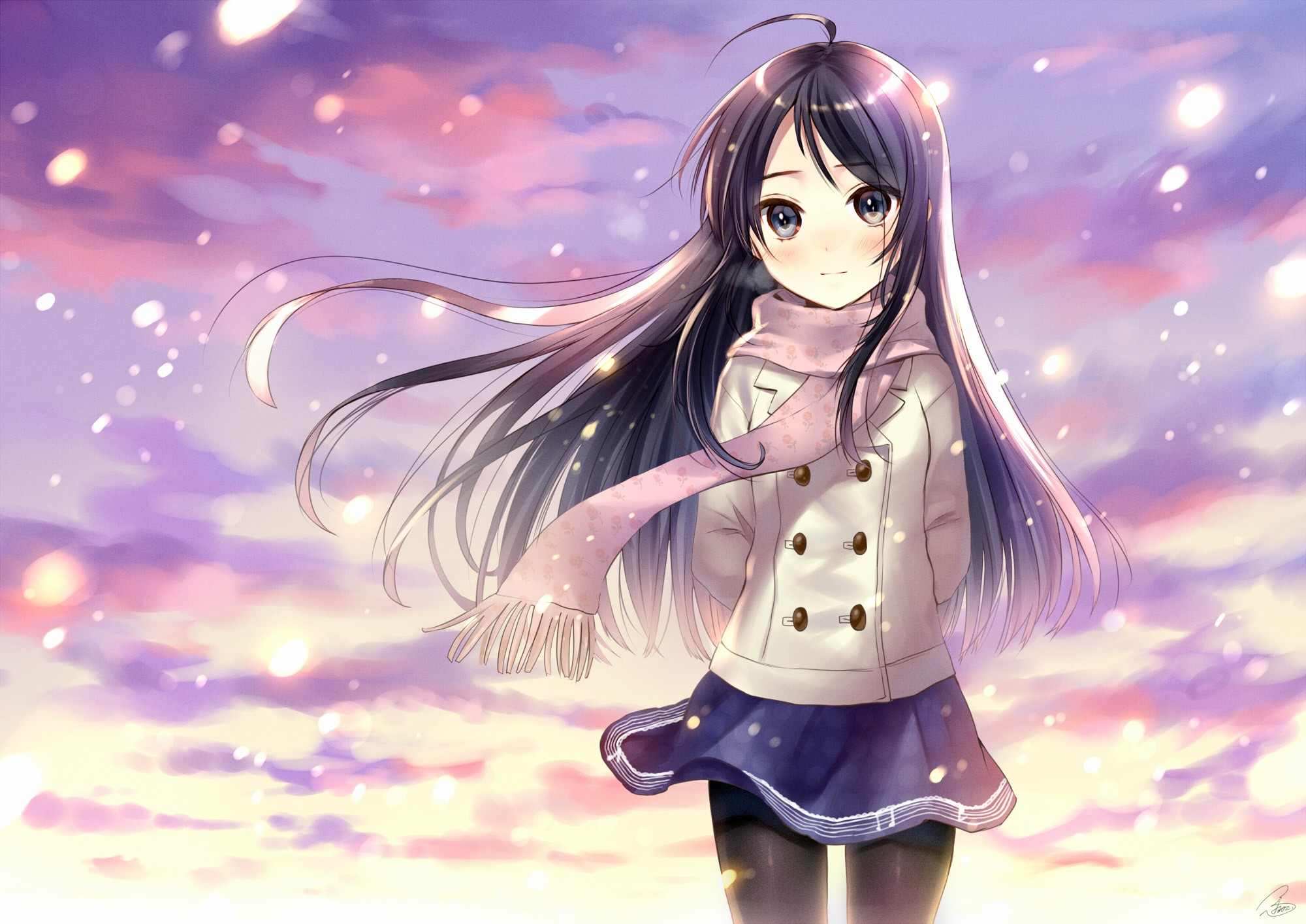 Anime 2000x1415 anime girls schoolgirl anime long hair dark hair sky scarf Hanekoto looking at viewer miniskirt cold winter snow