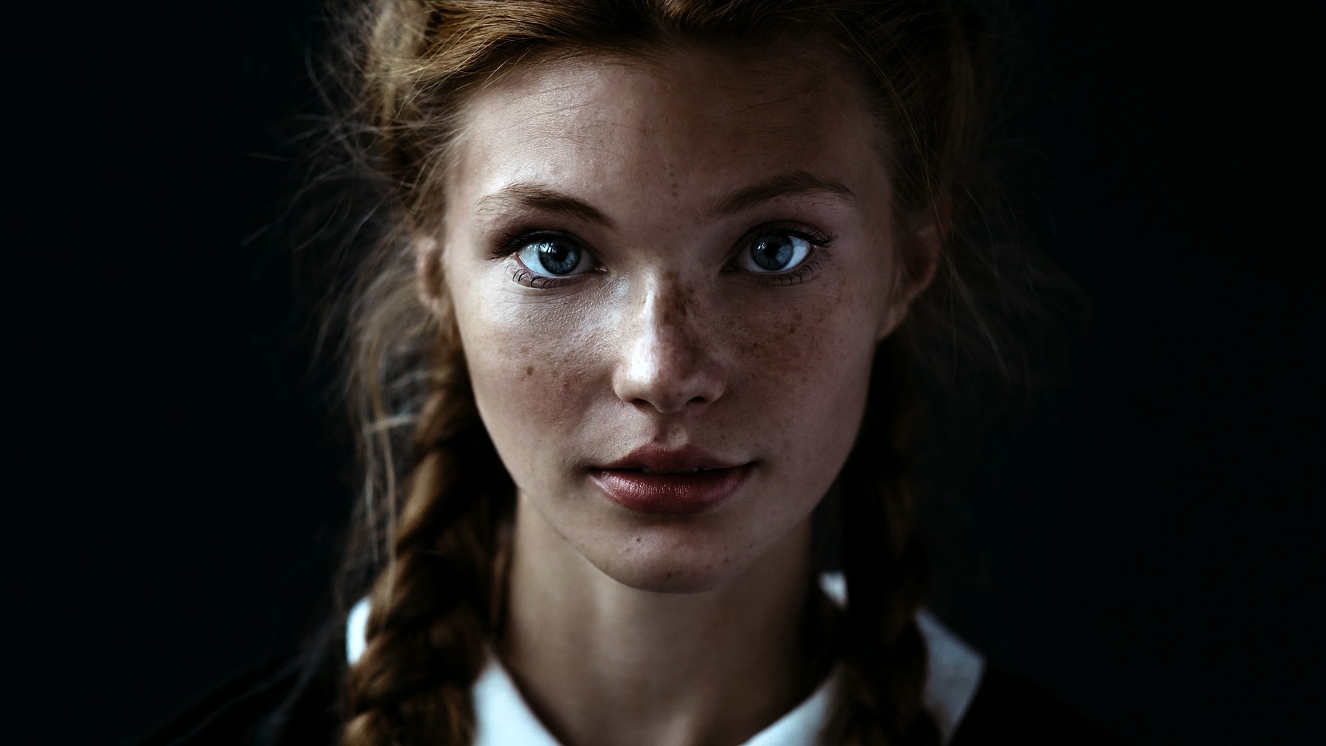 People 1920x1080 women model redhead long hair face portrait looking at viewer freckles twintails blue eyes depth of field simple background braids Daria Milky women indoors indoors red lipstick