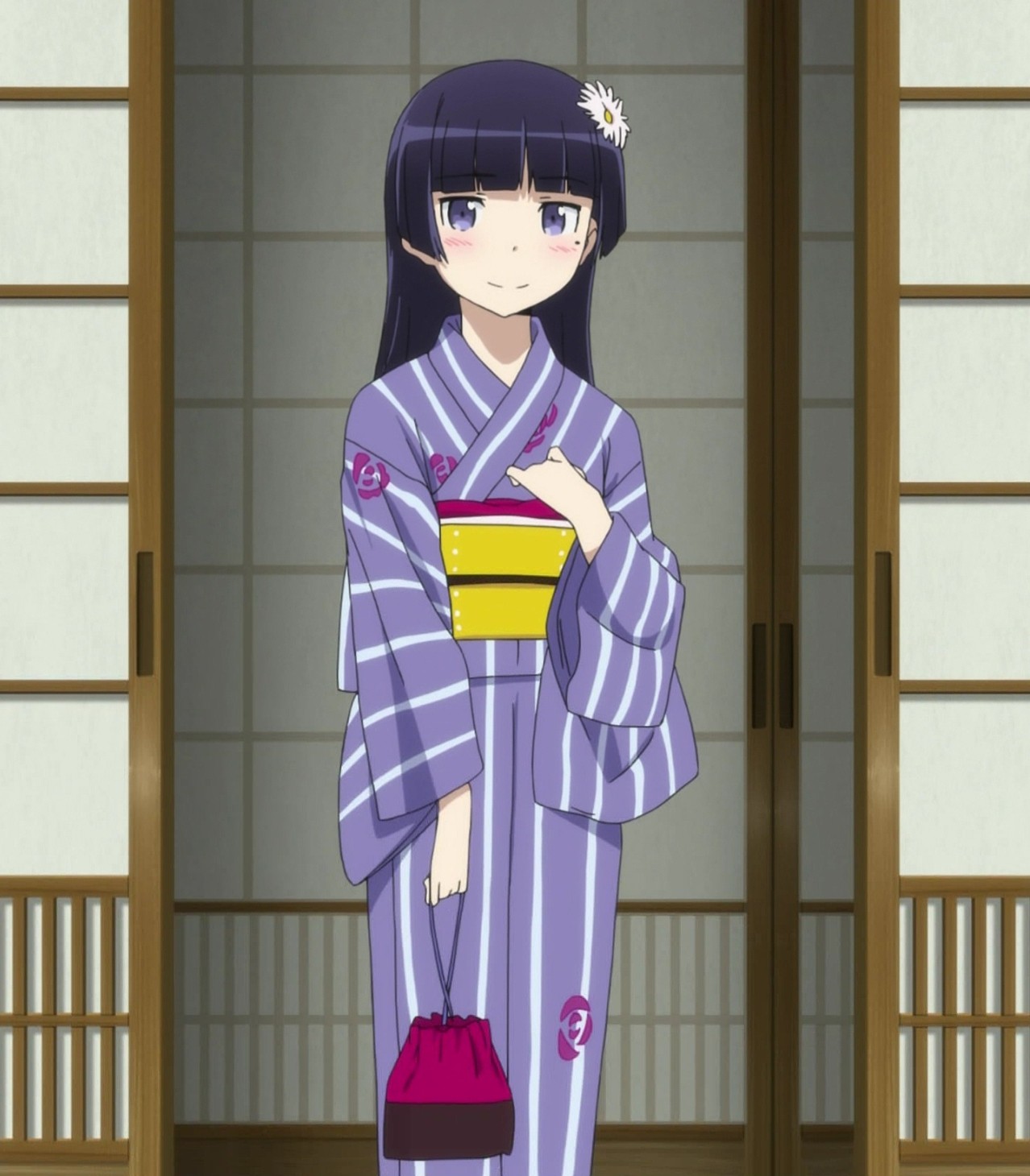 Anime 1278x1460 Gokou Ruri anime anime girls Ore no Imouto ga Konnani Kawaii Wake ga Nai flower in hair purple hair purple eyes standing smiling Japanese clothes