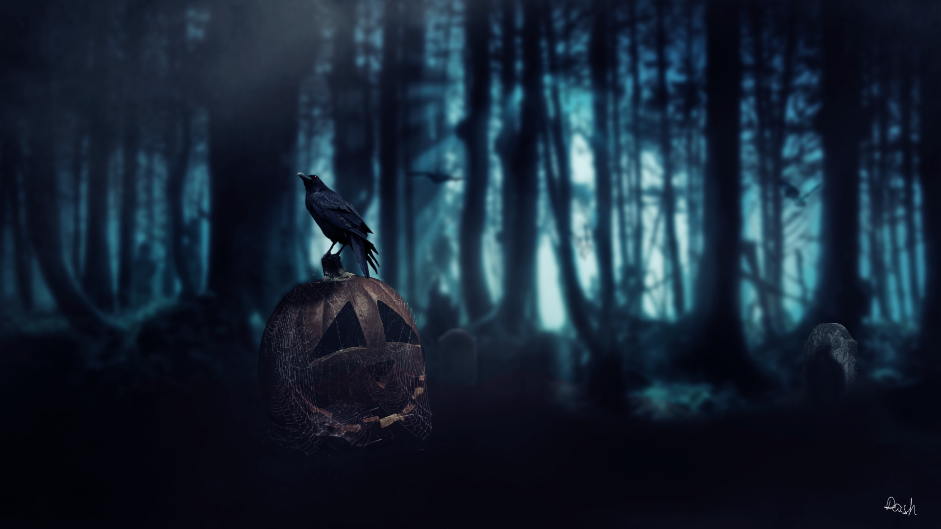 General 1920x1080 Halloween pumpkin Dark Age crow forest spooky birds animals trees