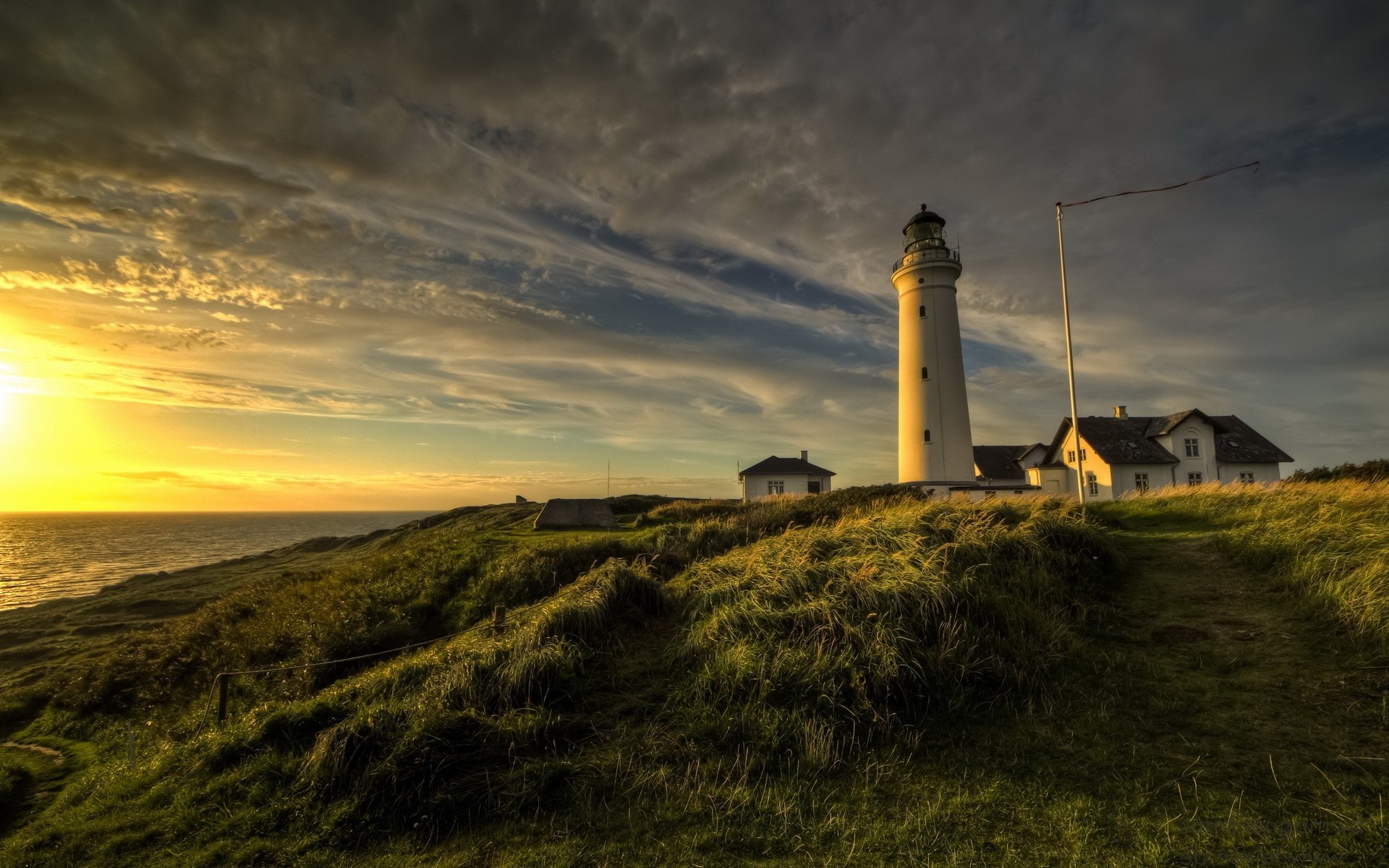General 1920x1200 lighthouse water sunset grass house photography flag clouds depth of field coast sunlight sky outdoors