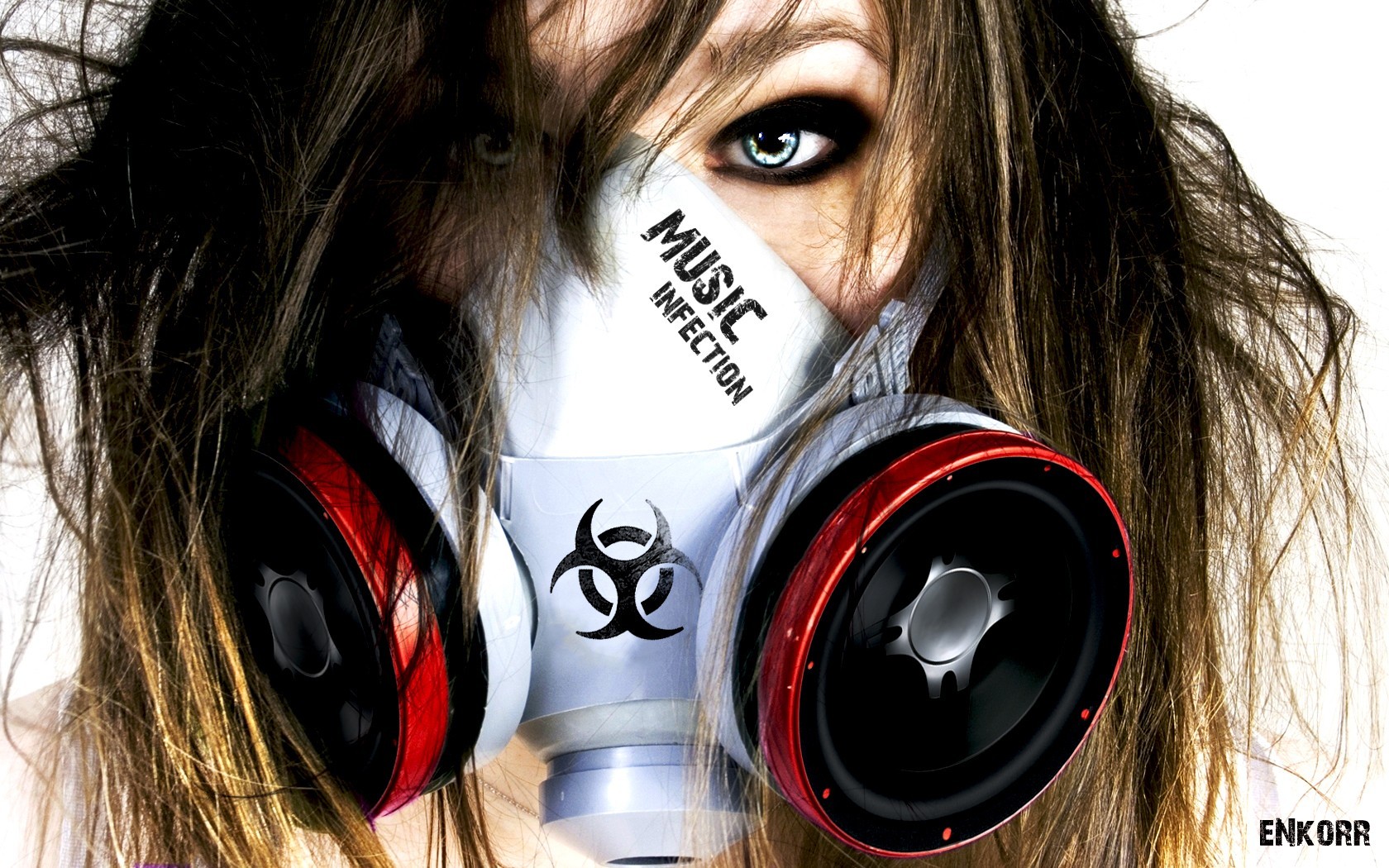 People 1680x1050 gas masks women mask blonde looking at viewer hair   Biohazard (Sign) watermarked closeup digital art