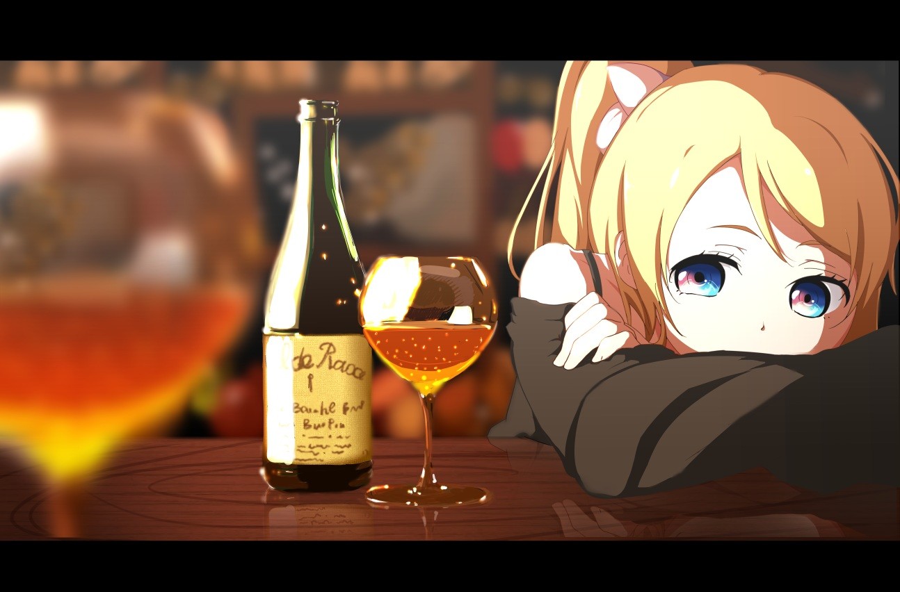 Anime 1294x852 anime Love Live! sad Ayase Eli blonde drink ponytail anime girls bottles drinking glass alcohol blue eyes looking at viewer