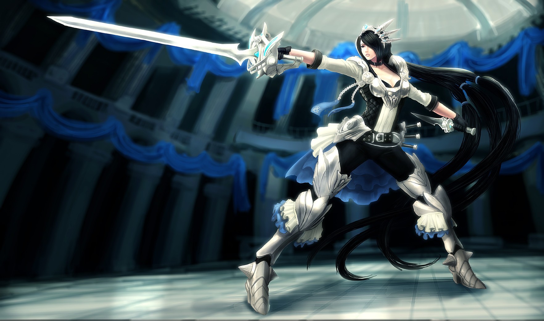 General 1765x1042 League of Legends Fiora (League of Legends) PC gaming anime girls anime sword fantasy girl black hair women with swords weapon standing fantasy armor spread legs long hair video game art video game girls