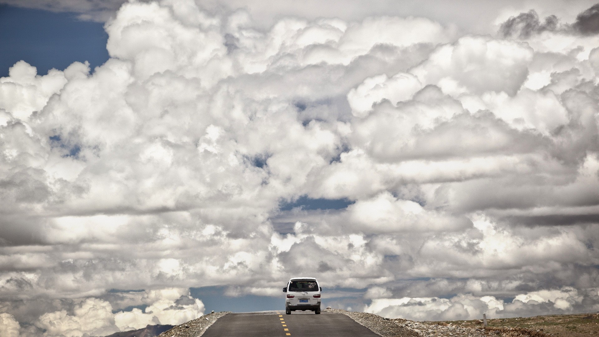 General 1920x1080 vehicle car clouds road horizon rear view rocks asphalt outdoors white cars