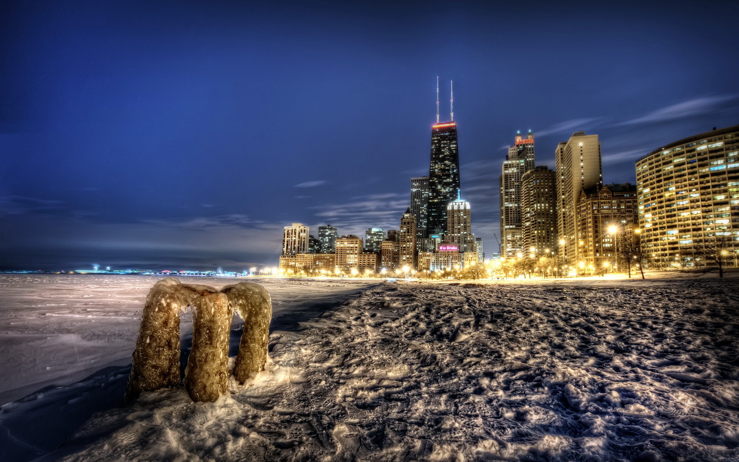 General 2560x1600 cityscape HDR snow building lights Chicago USA winter