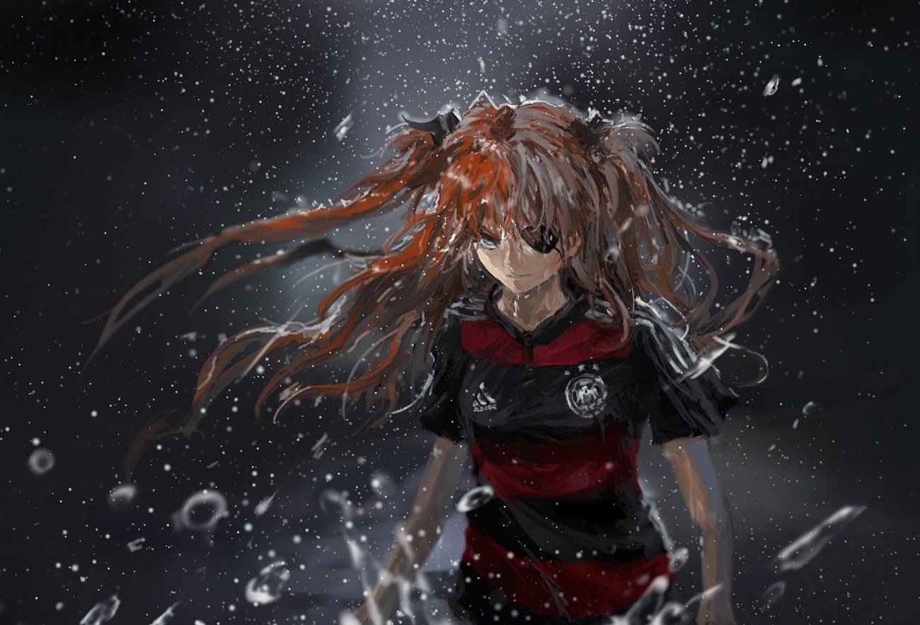 Anime 1300x883 Neon Genesis Evangelion Asuka Langley Soryu Germany soccer anime girls rain 2D redhead fan art FIFA world cup girls eyepatches soccer girls Pixiv