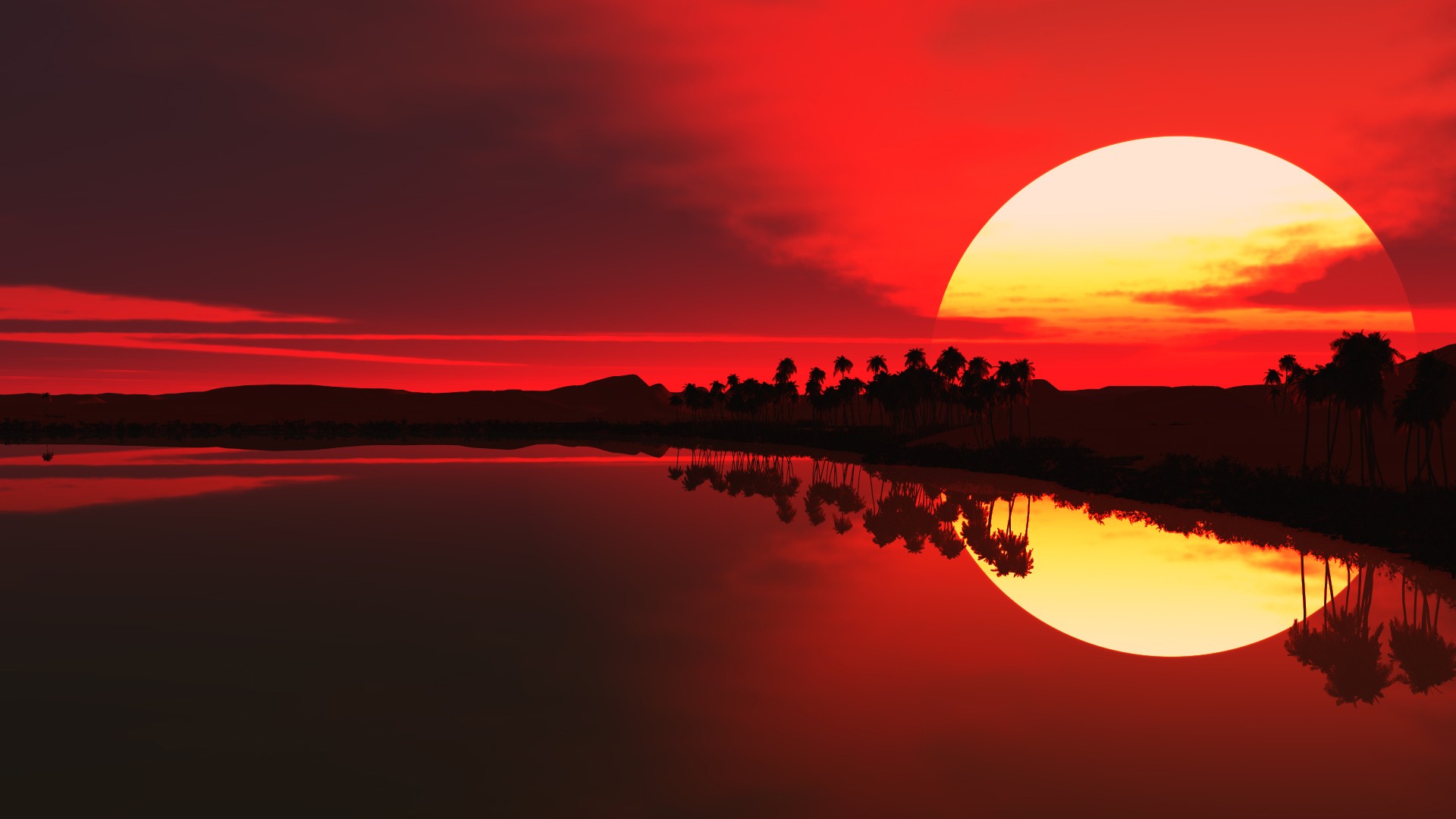 General 1920x1080 sunset nature reflection Sun sunlight trees water sky palm trees red red sun