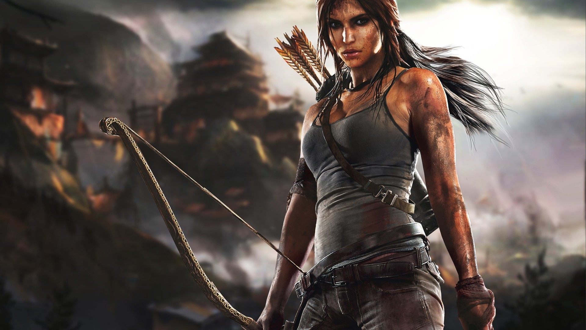 General 1920x1080 video games Tomb Raider video game art bow standing video game girls Lara Croft (Tomb Raider) bow and arrow looking at viewer long hair video game characters