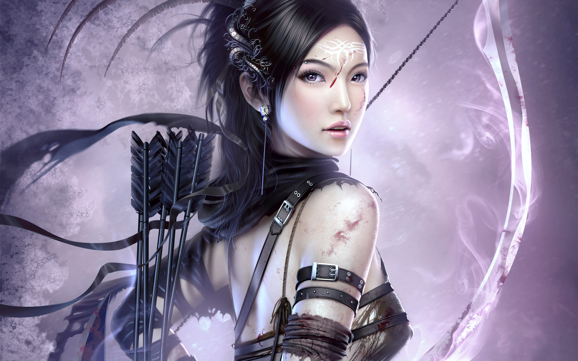 Anime 1920x1200 women digital art Asian arrows Arrow (TV series) archer bow fantasy girl fantasy art looking at viewer artwork dark hair dark eyes violet