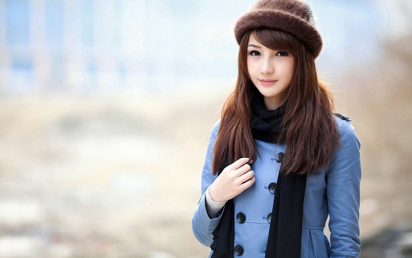 People 1440x900 simple background brunette Asian hat women model millinery long hair women with hats looking at viewer overcoats