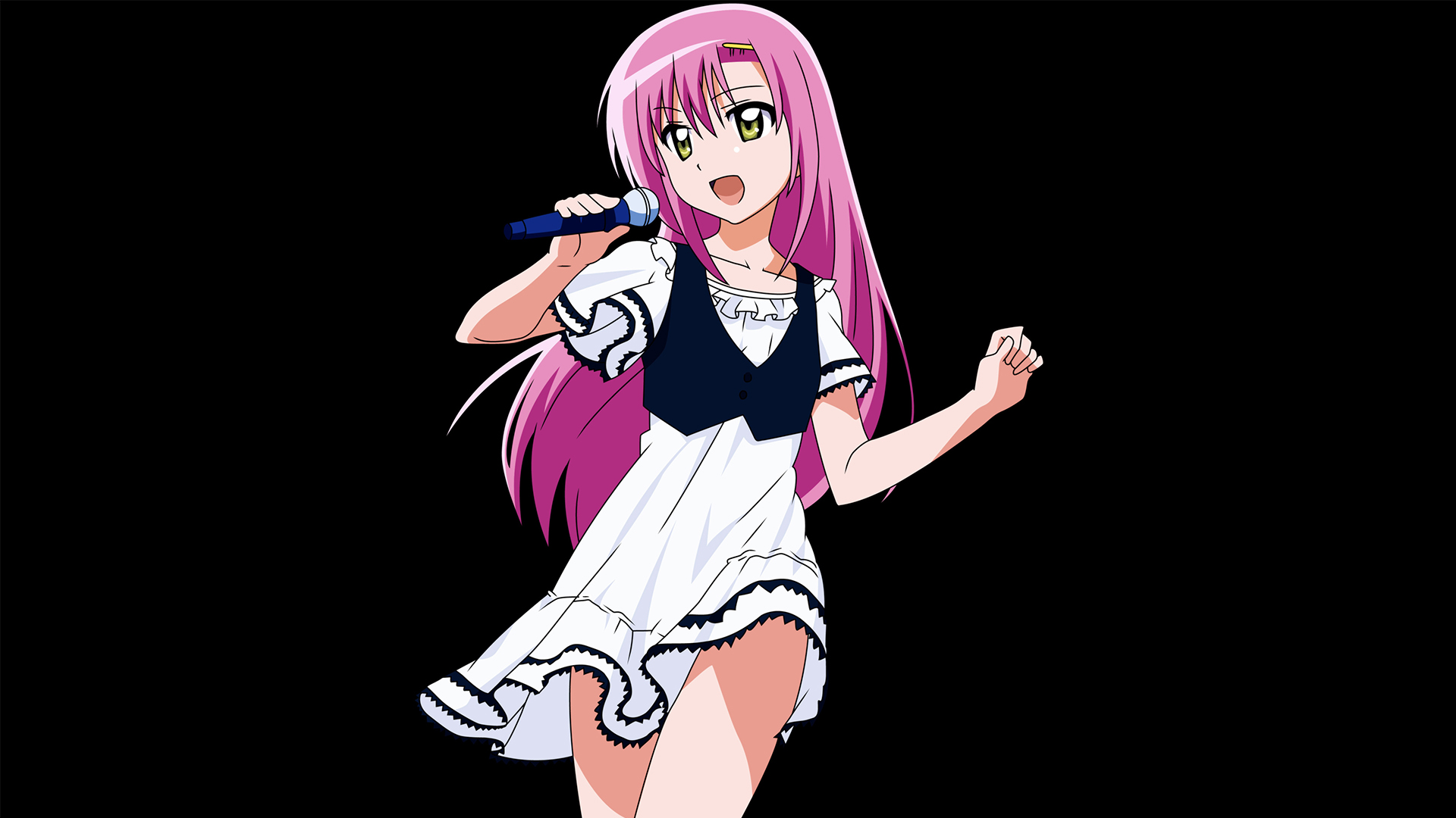 Anime 1920x1080 pink hair anime Hayate no Gotoku anime girls Katsura Hinagiku simple background black background long hair green eyes microphone singer standing open mouth