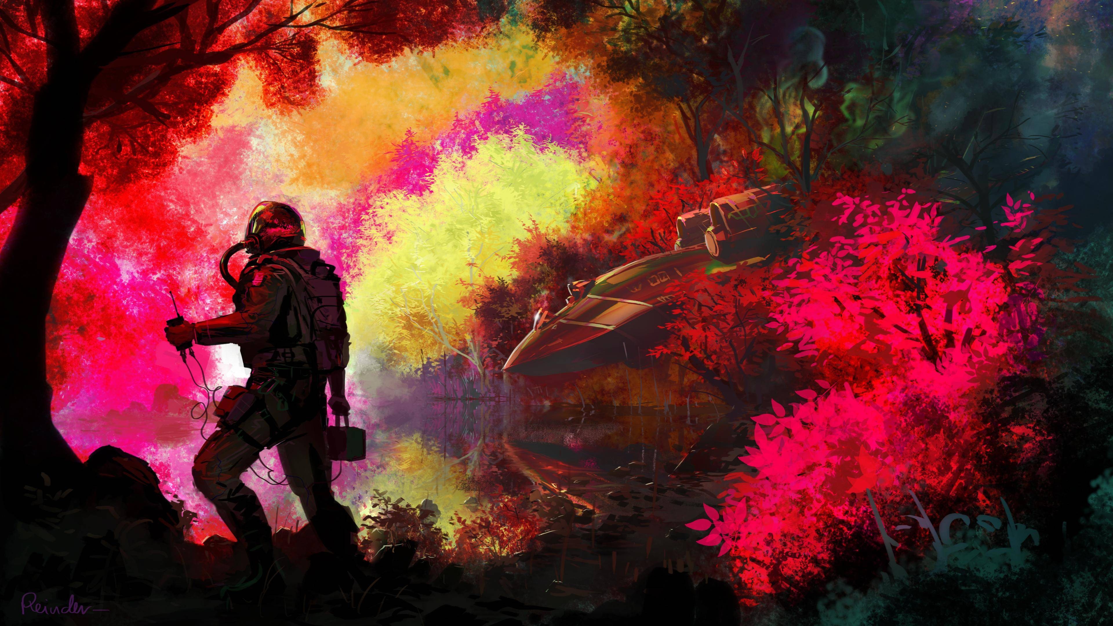 General 3840x2160 astronaut spaceship lake colorful reflection military aircraft trees artwork spacesuit aliens planet forest science fiction photo manipulation crash pilot