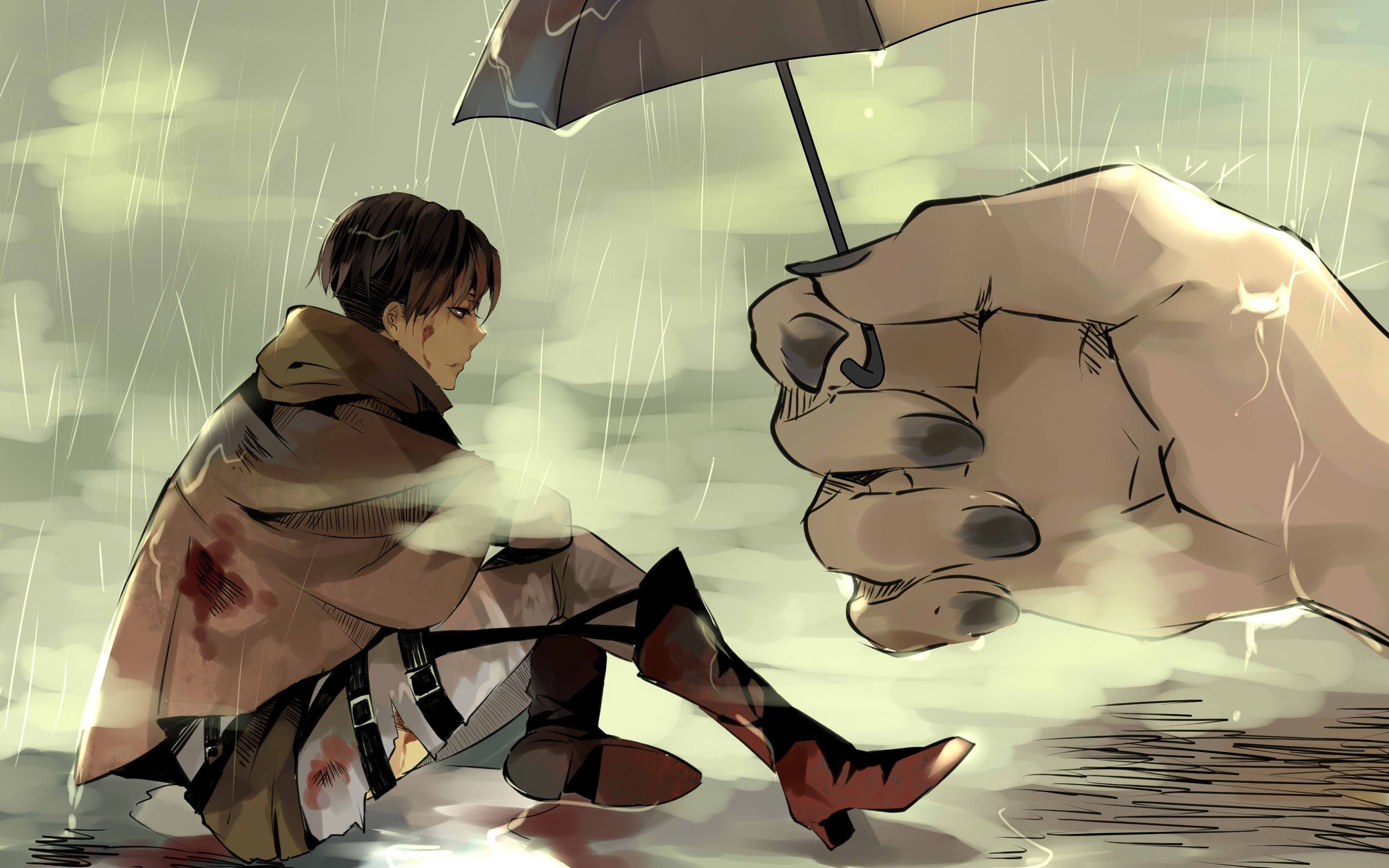 Anime 2880x1800 Shingeki no Kyojin anime boys anime umbrella rain sitting blood covered body