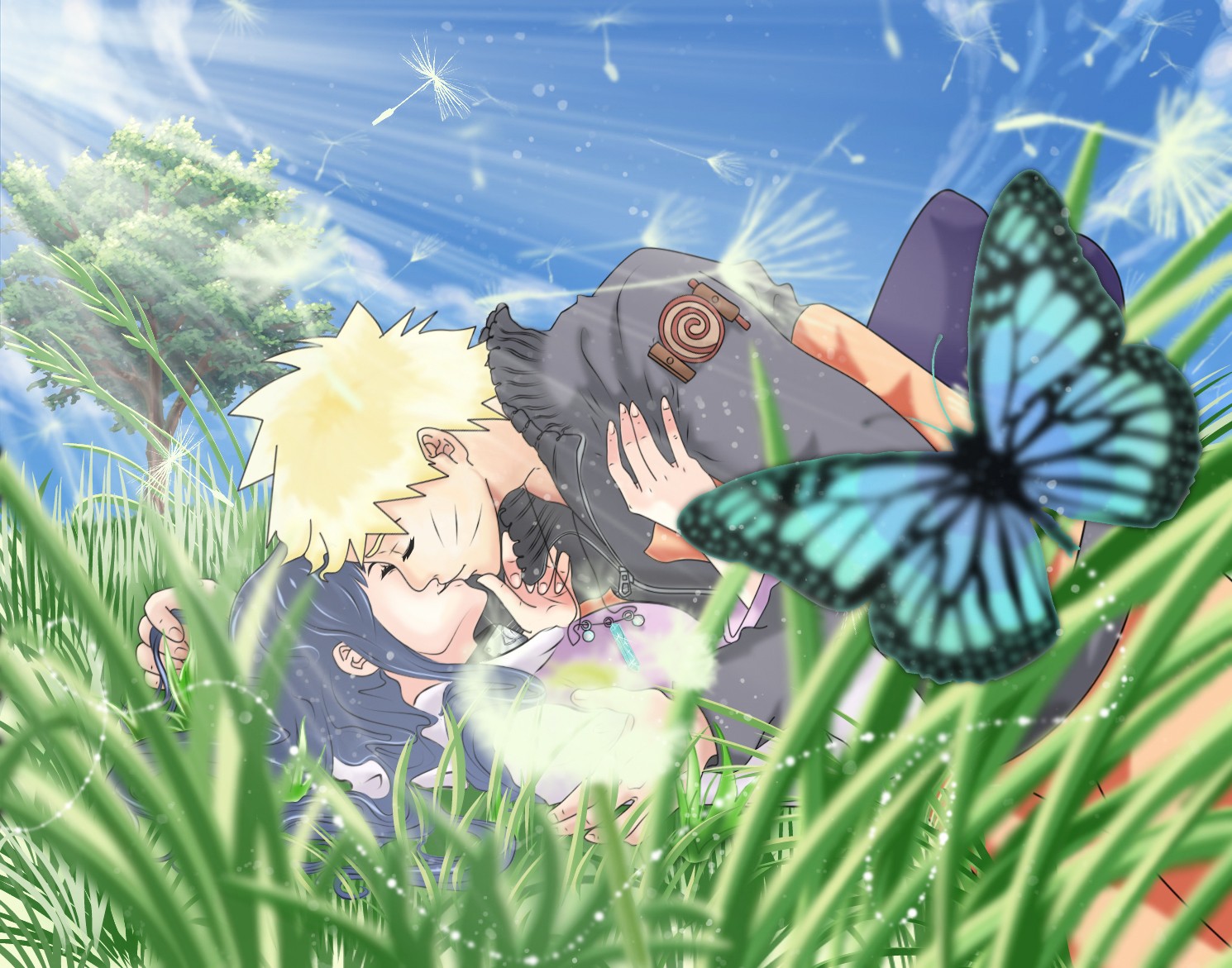 Anime 1490x1171 Naruto Shippuden Uzumaki Naruto Hyuuga Hinata anime kissing butterfly anime girls anime boys outdoors grass insect animals